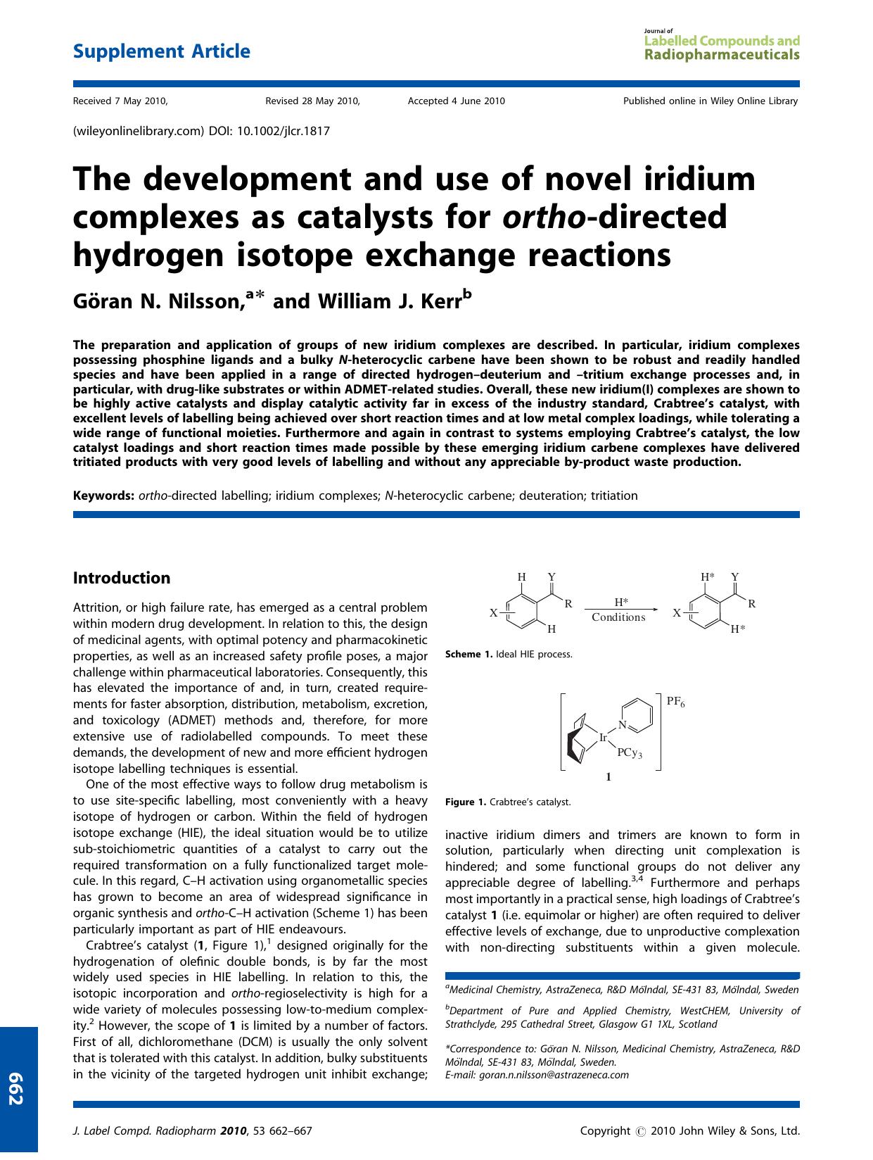 The development and use of novel iridium complexes as catalysts for orthodirected hydrogen isotope exchange reactions by Unknown