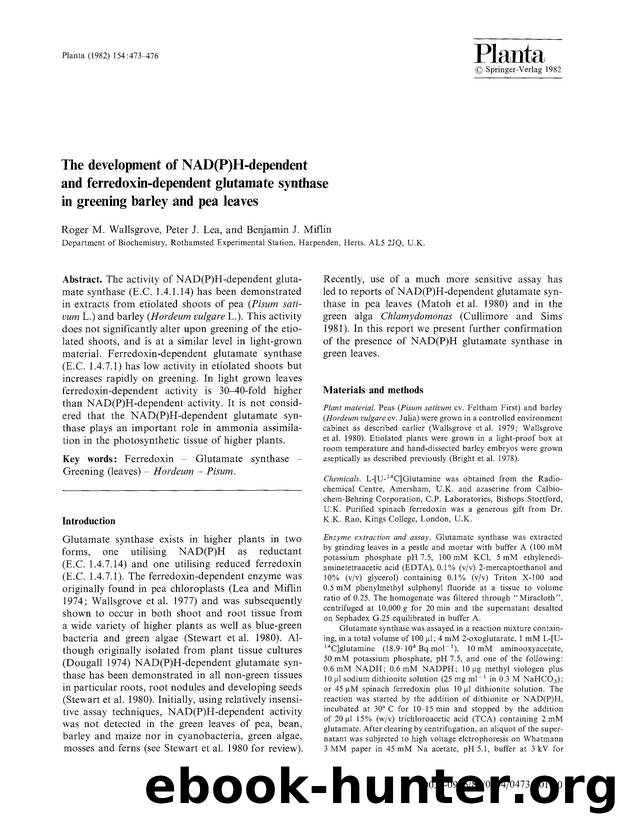 The development of NAD(P)H-dependent and ferredoxin-dependent glutamate synthase in greening barley and pea leaves by Unknown
