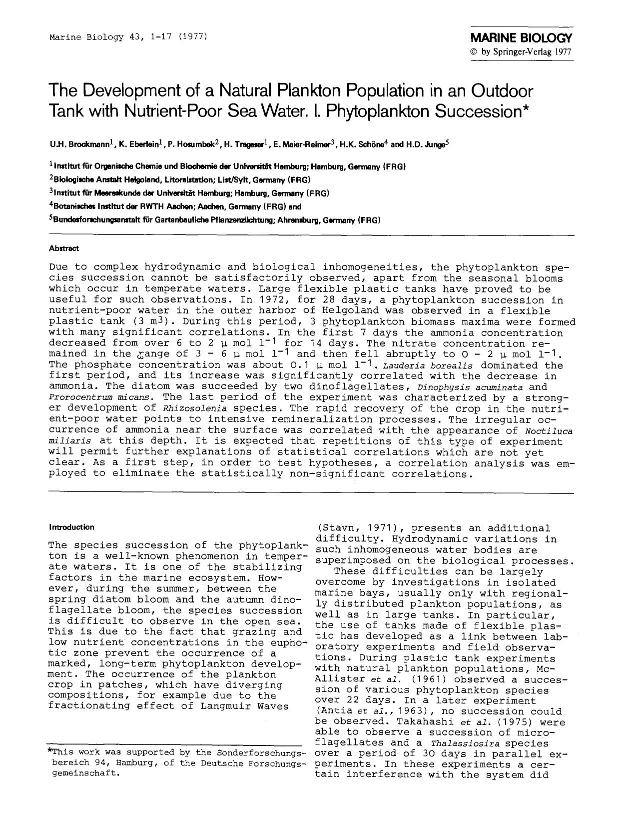 The development of a natural plankton population in an outdoor tank with nutrient-poor sea water. I. Phytoplankton succession by Unknown