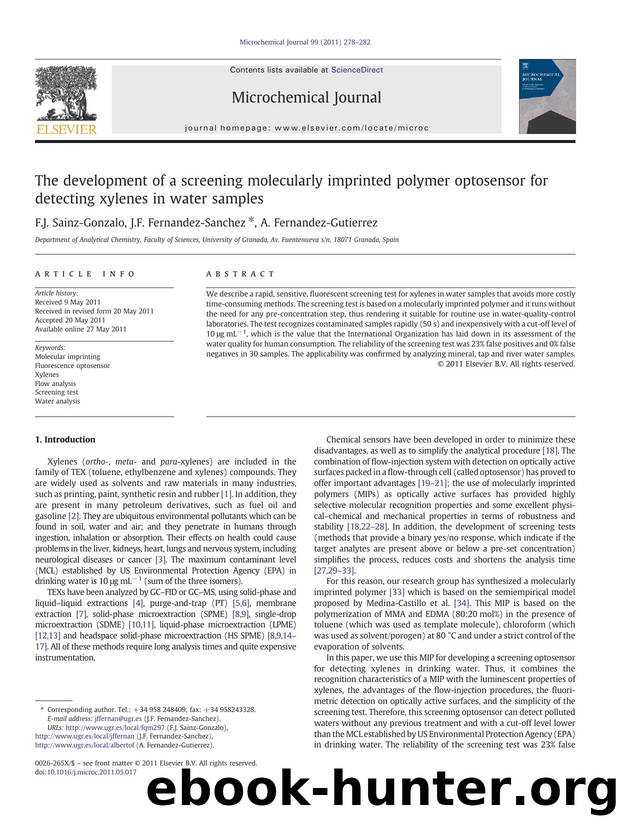 The development of a screening molecularly imprinted polymer optosensor for detecting xylenes in water samples by F.J. Sainz-Gonzalo & J.F. Fernandez-Sanchez & A. Fernandez-Gutierrez