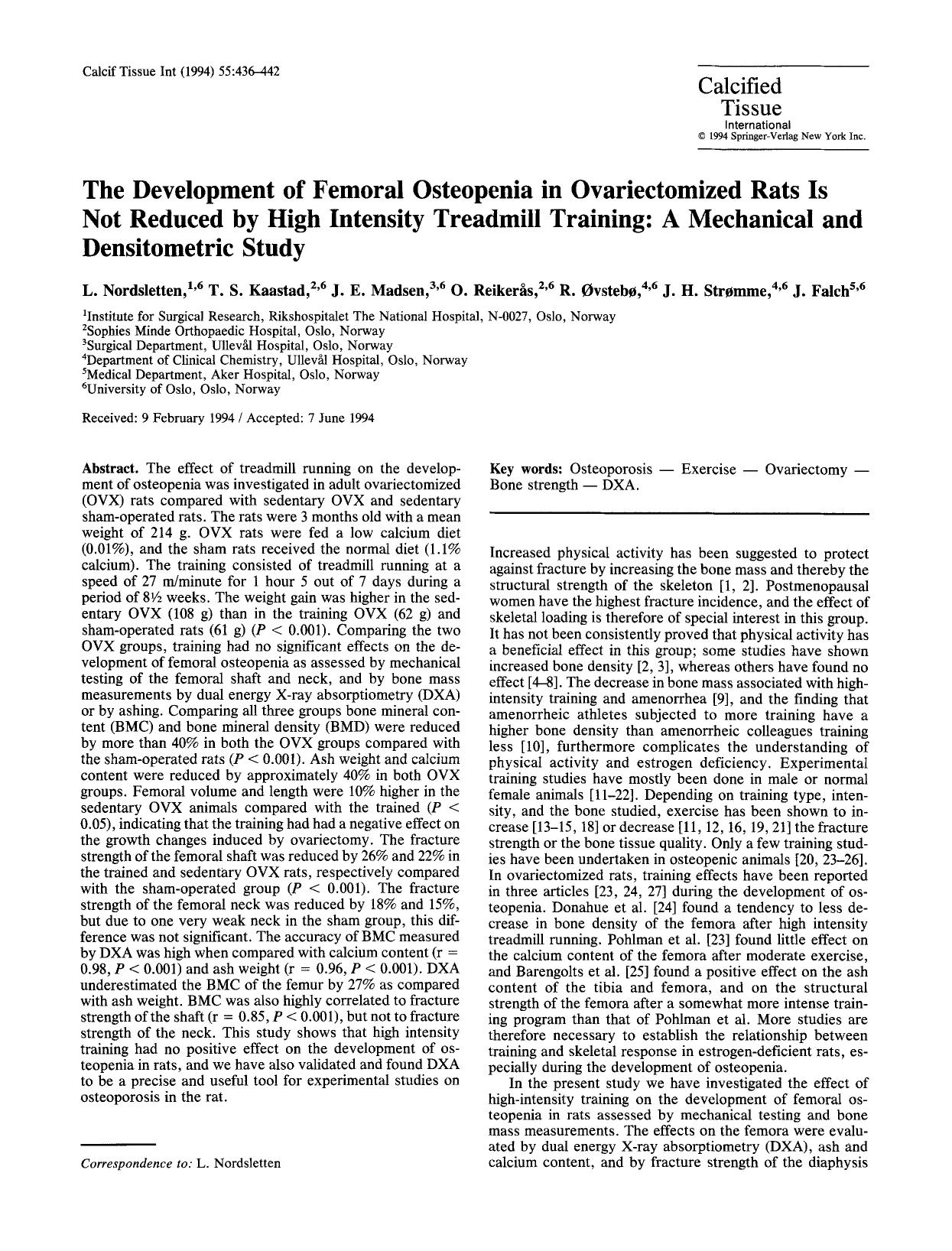 The development of femoral osteopenia in ovariectomized rats is not reduced by high intensity treadmill training: A mechanical and densitometric study by Unknown