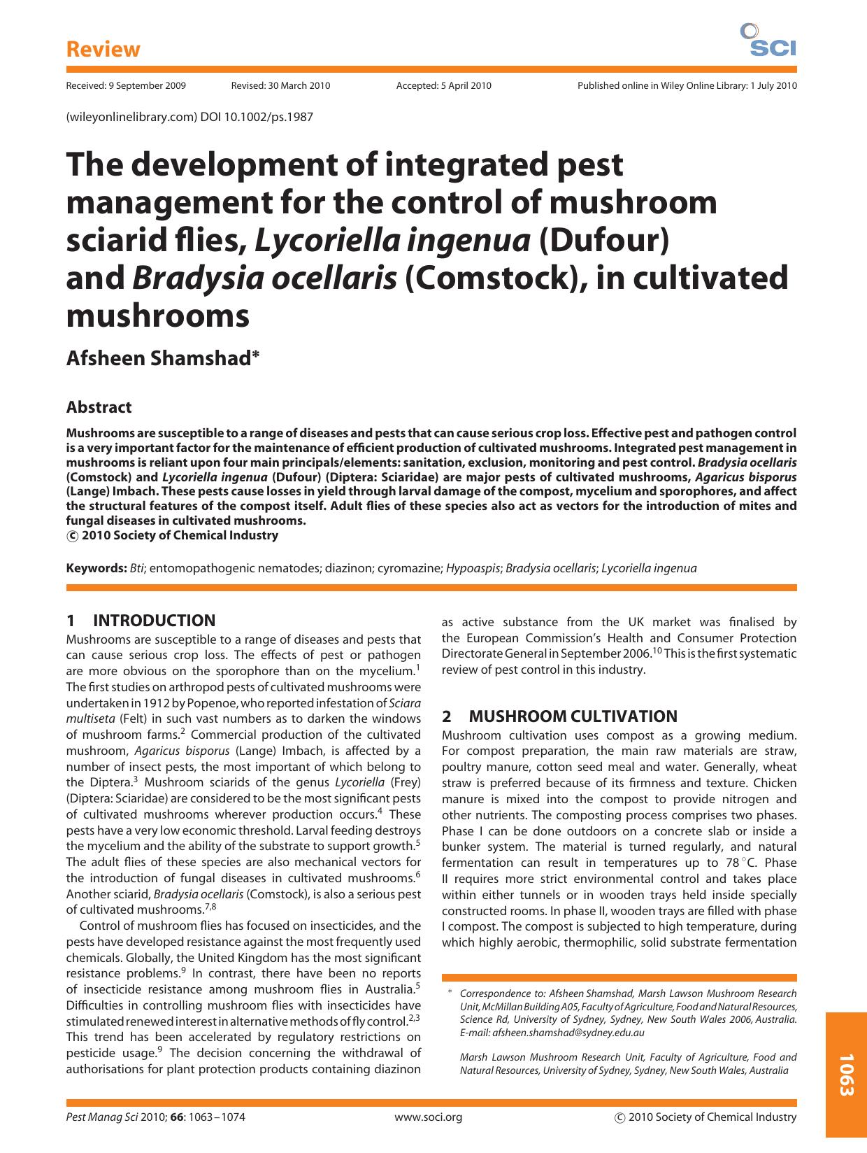 The development of integrated pest management for the control of mushroom sciarid flies, Lycoriella ingenua (Dufour) and Bradysia ocellaris (Comstock), in cultivated mushrooms by Unknown