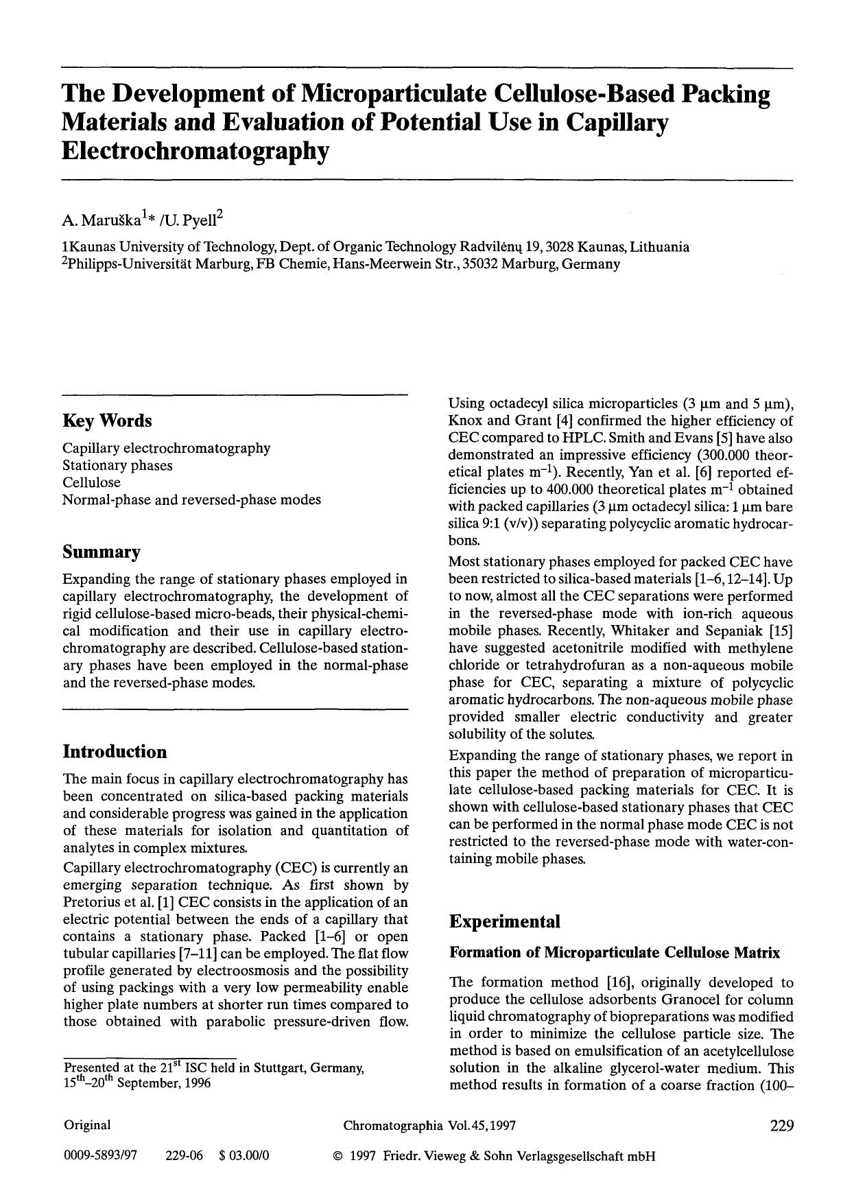 The development of microparticulate cellulose-based packing materials and evaluation of potential use in capillary electrochromatography by Unknown