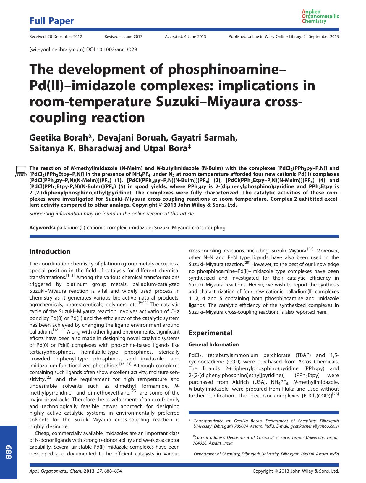 The development of phosphinoaminePd(II)imidazole complexes: implications in room-temperature SuzukiMiyaura cross-coupling reaction by Unknown