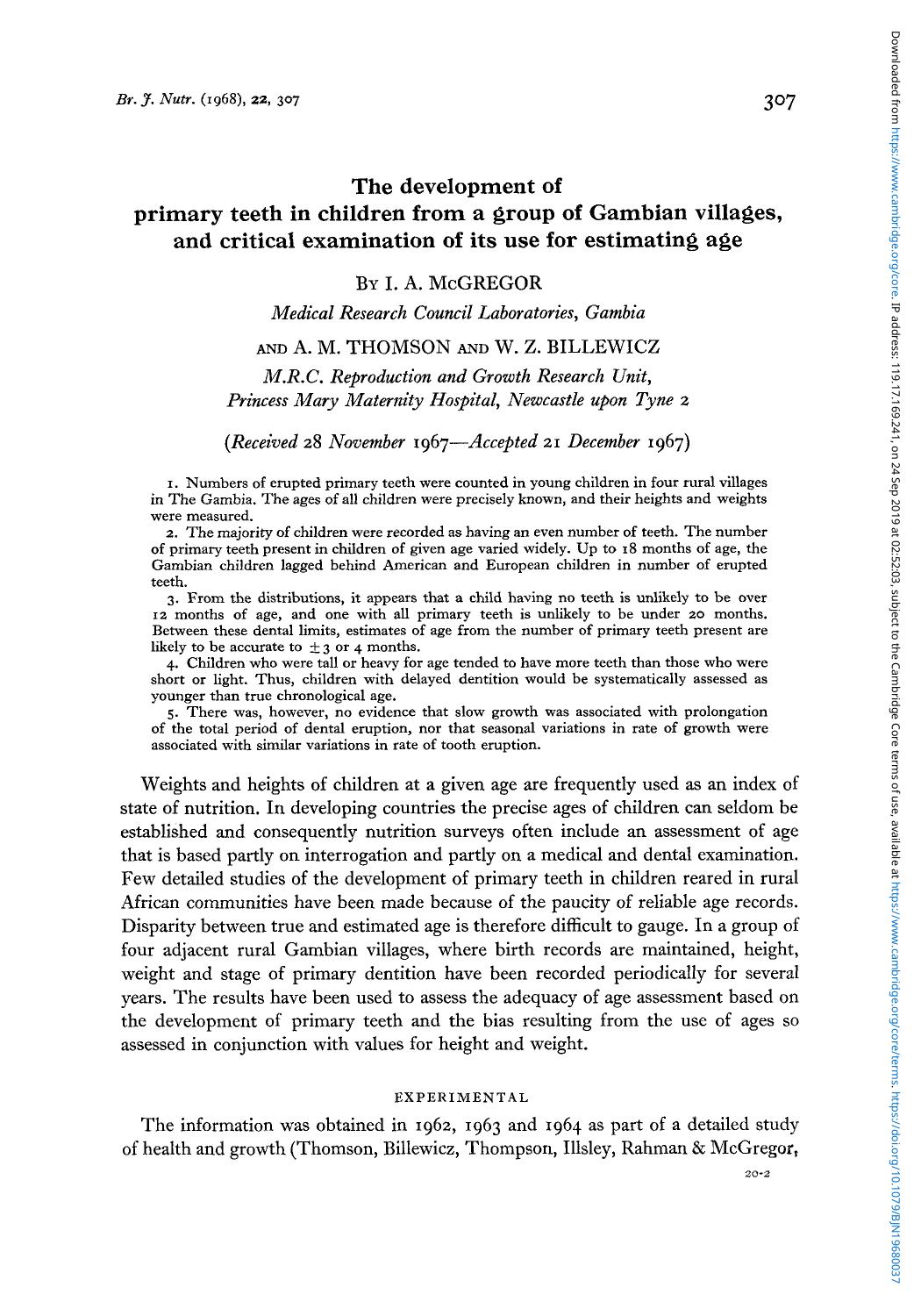 The development of primary teeth in children from a group of Gambian villages, and critical examination of its use for estimating age by I. A. McGregor A. M. Thomson & W. Z. Billewicz