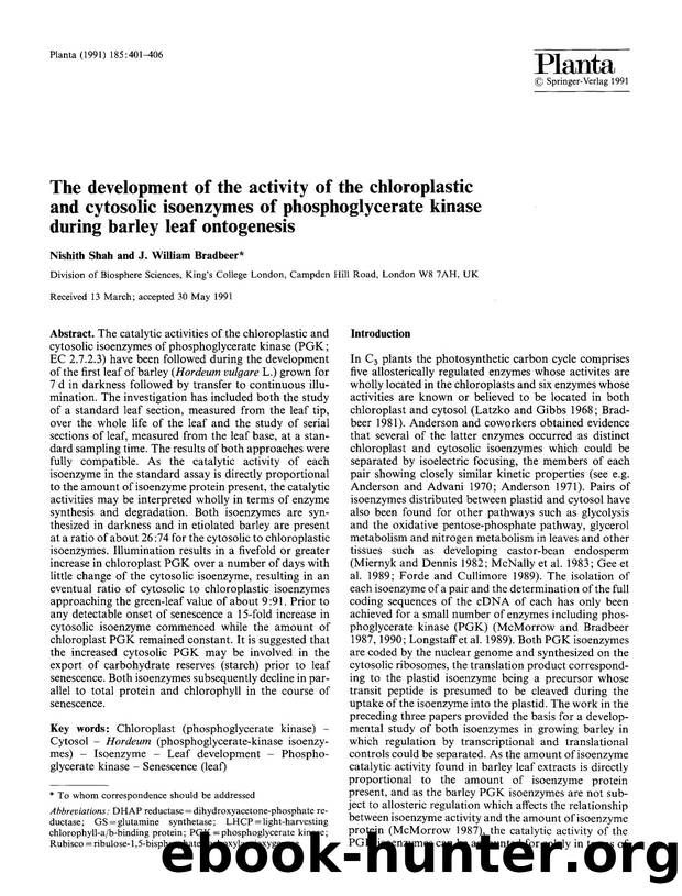 The development of the activity of the chloroplastic and cytosolic isoenzymes of phosphoglycerate kinase during barley leaf ontogenesis by Unknown