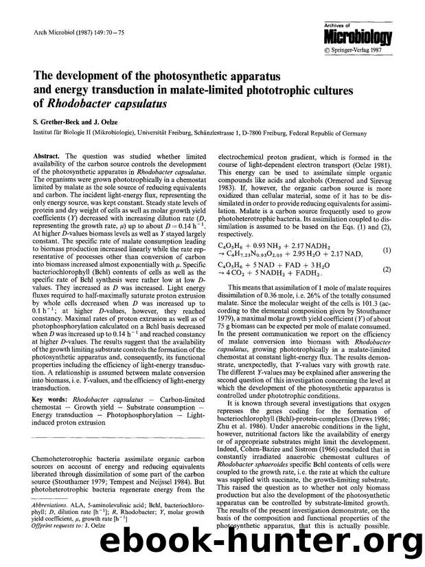 The development of the photosynthetic apparatus and energy transduction in malate-limited phototrophic cultures of <Emphasis Type="Italic">Rhodobacter capsulatus<Emphasis> by Unknown