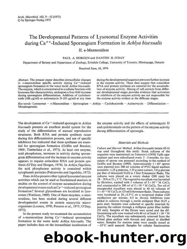The developmental patterns of lysosomal enzyme activities during Ca<Superscript>&#x002B;&#x002B;<Superscript>-induced sporangium formation in <Emphasis Type="Italic">Achlya bisexualis<Emphasis> by Unknown