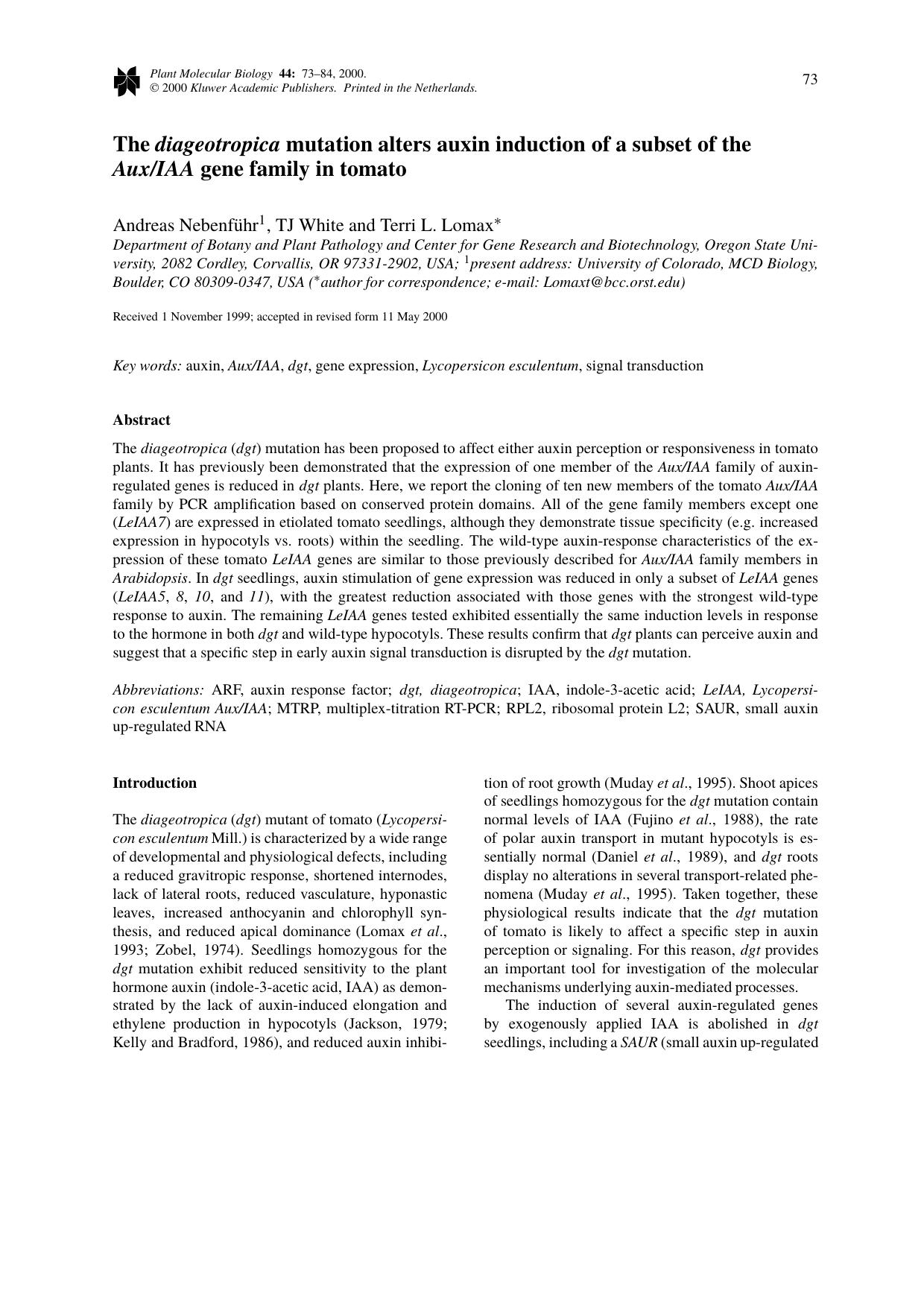 The diageotropica mutation alters auxin induction of a subset of the AuxIAA gene family in tomato by Unknown