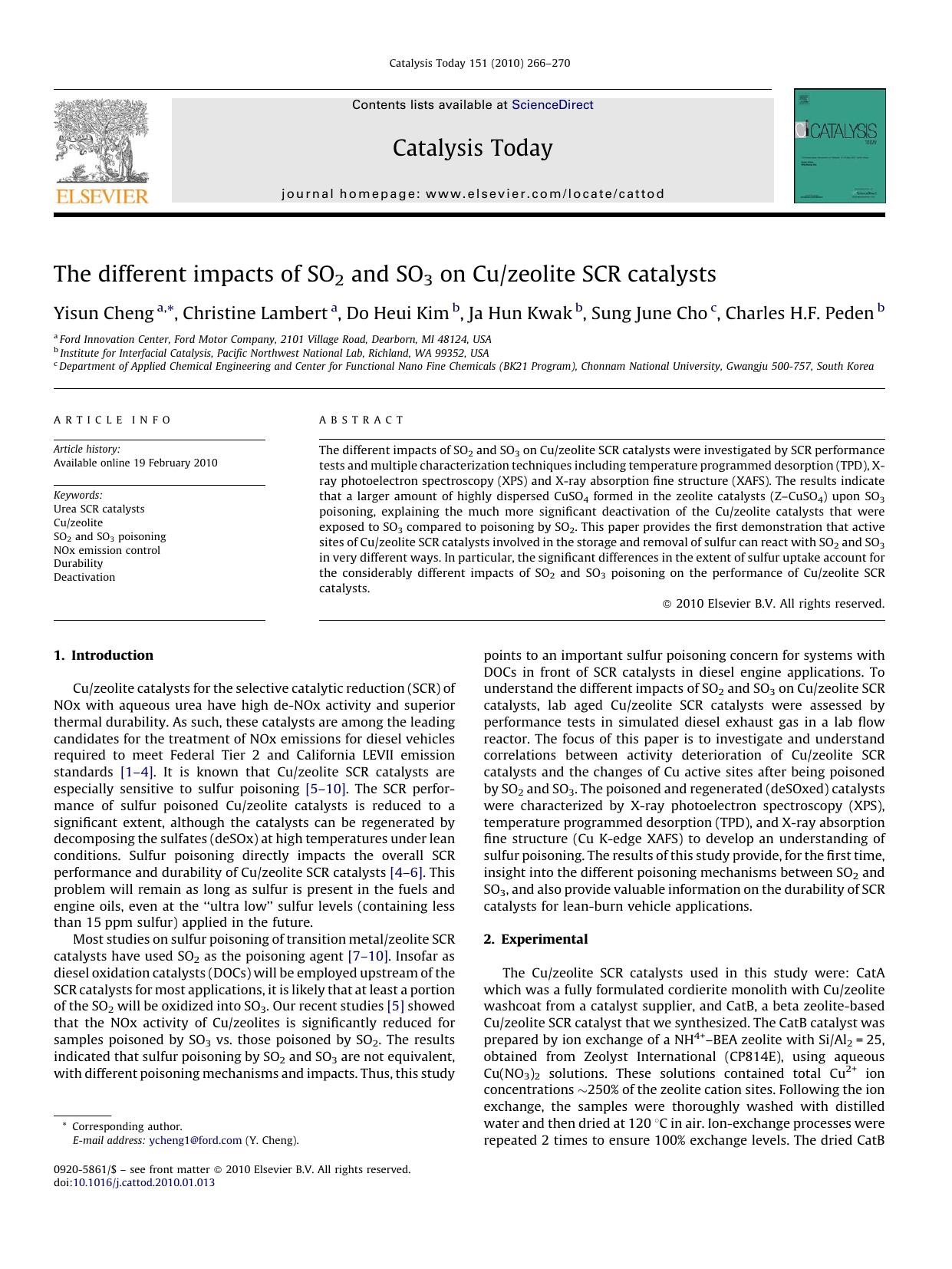 The different impacts of SO2 and SO3 on Cuzeolite SCR catalysts by Yisun Cheng; Christine Lambert; Do Heui Kim; Ja Hun Kwak; Sung June Cho; Charles H.F. Peden