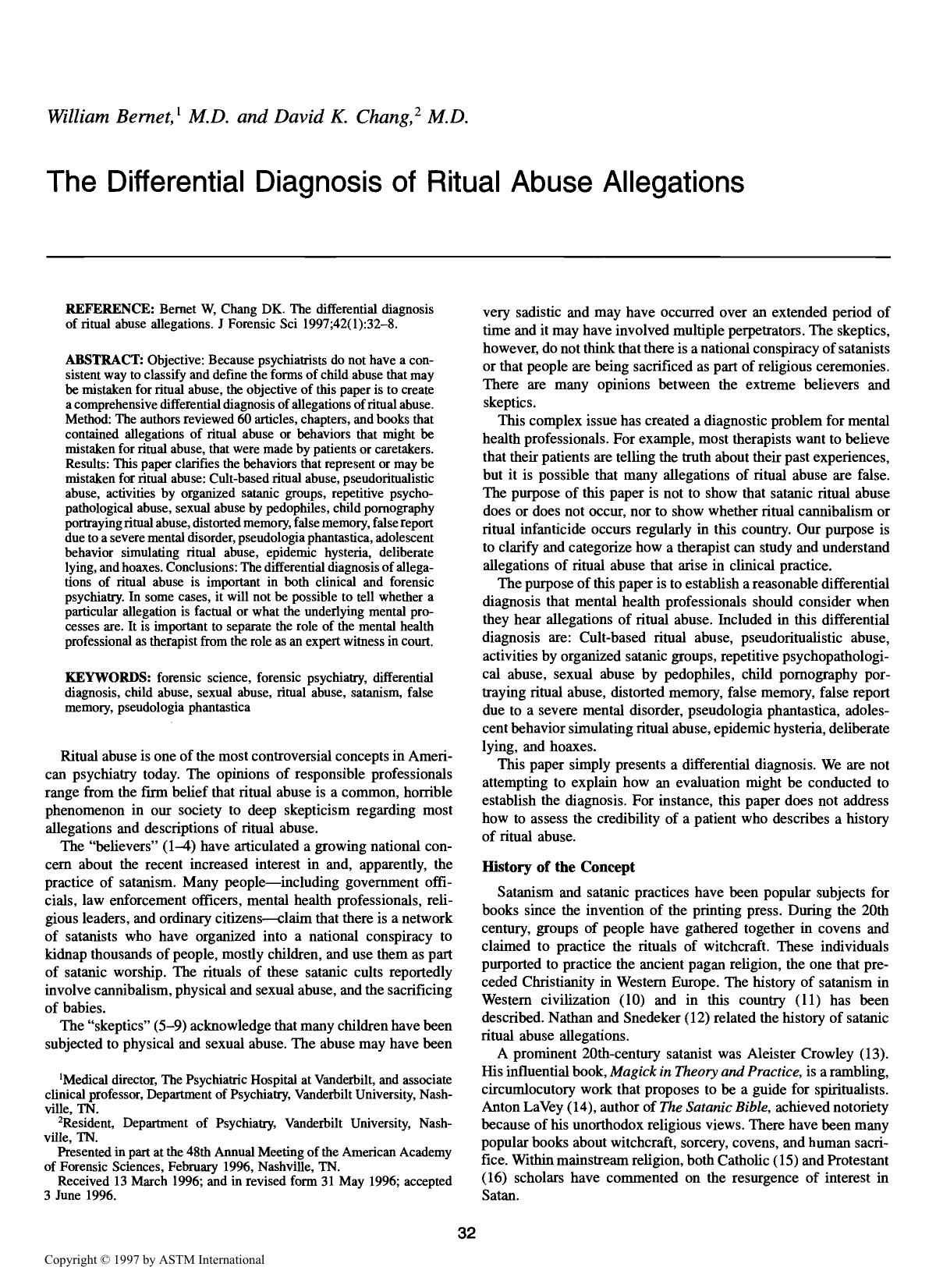 The differential diagnosis of ritual abuse allegations by Bernet W Chang DK