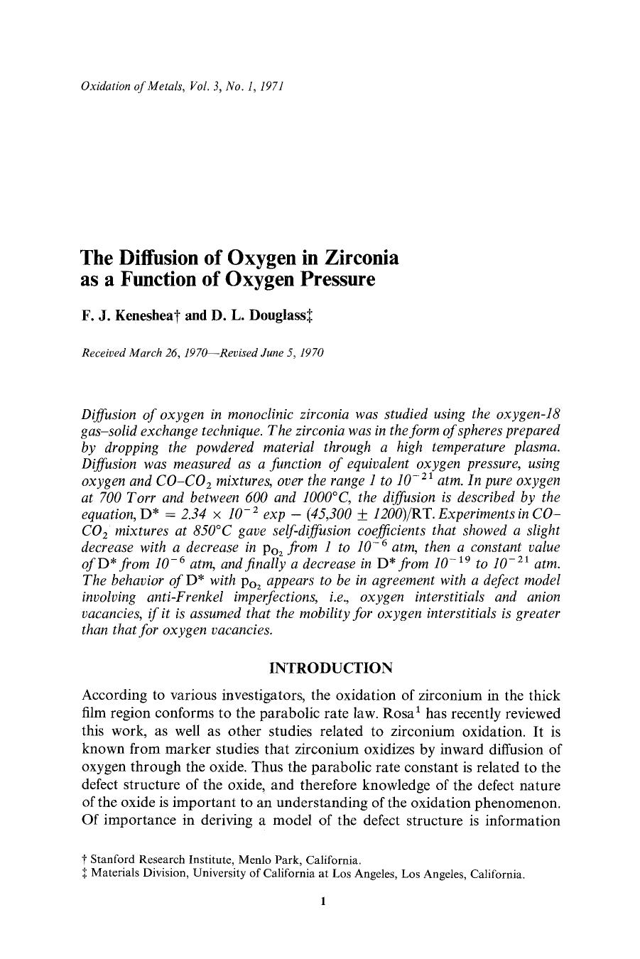 The diffusion of oxygen in Zirconia as a function of oxygen pressure by Unknown