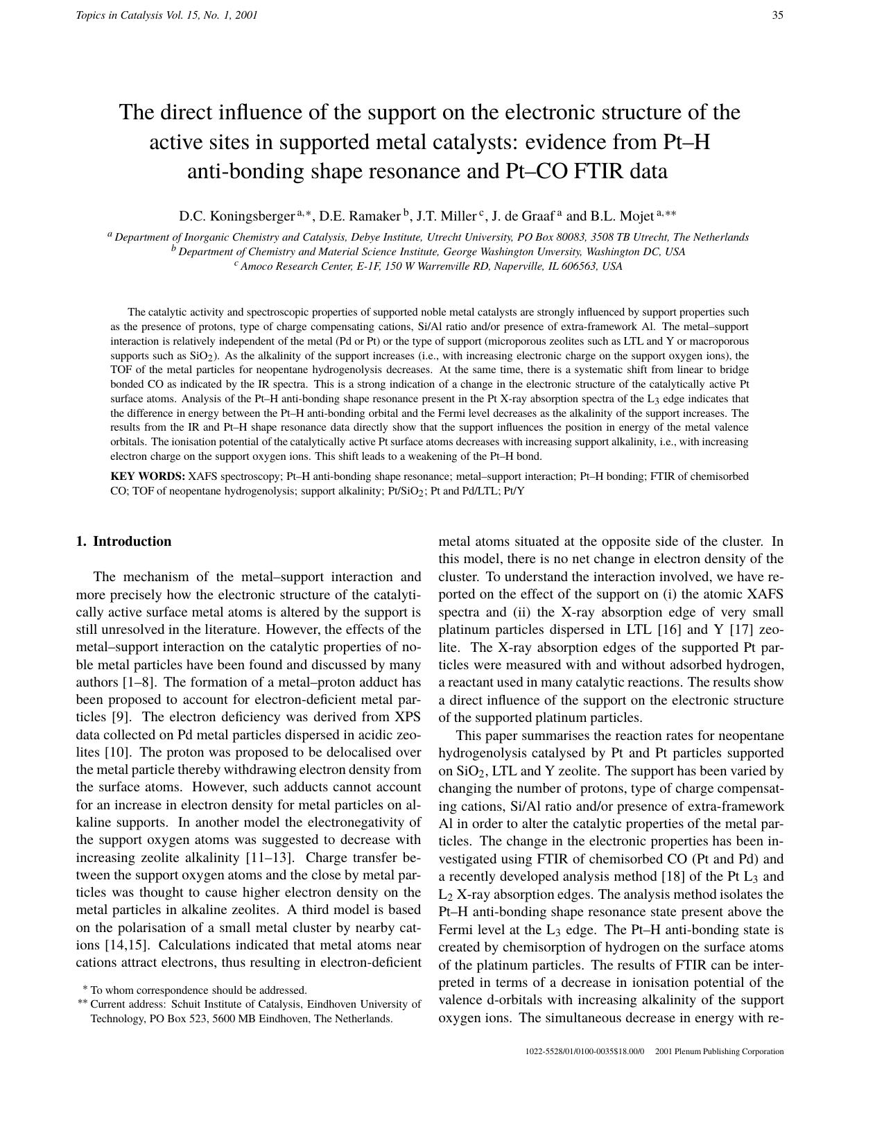 The direct influence of the support on the electronic structure of the active sites in supported metal catalysts: evidence from Pt–H anti-bonding shape resonance and Pt–CO FTIR data by Unknown