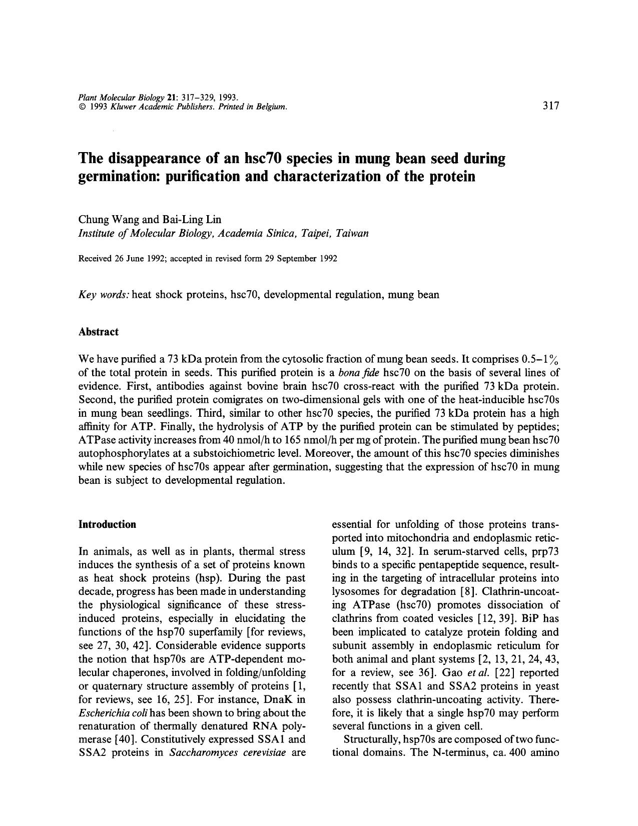 The disappearance of an hsc70 species in mung bean seed during germination: purification and characterization of the protein by Unknown