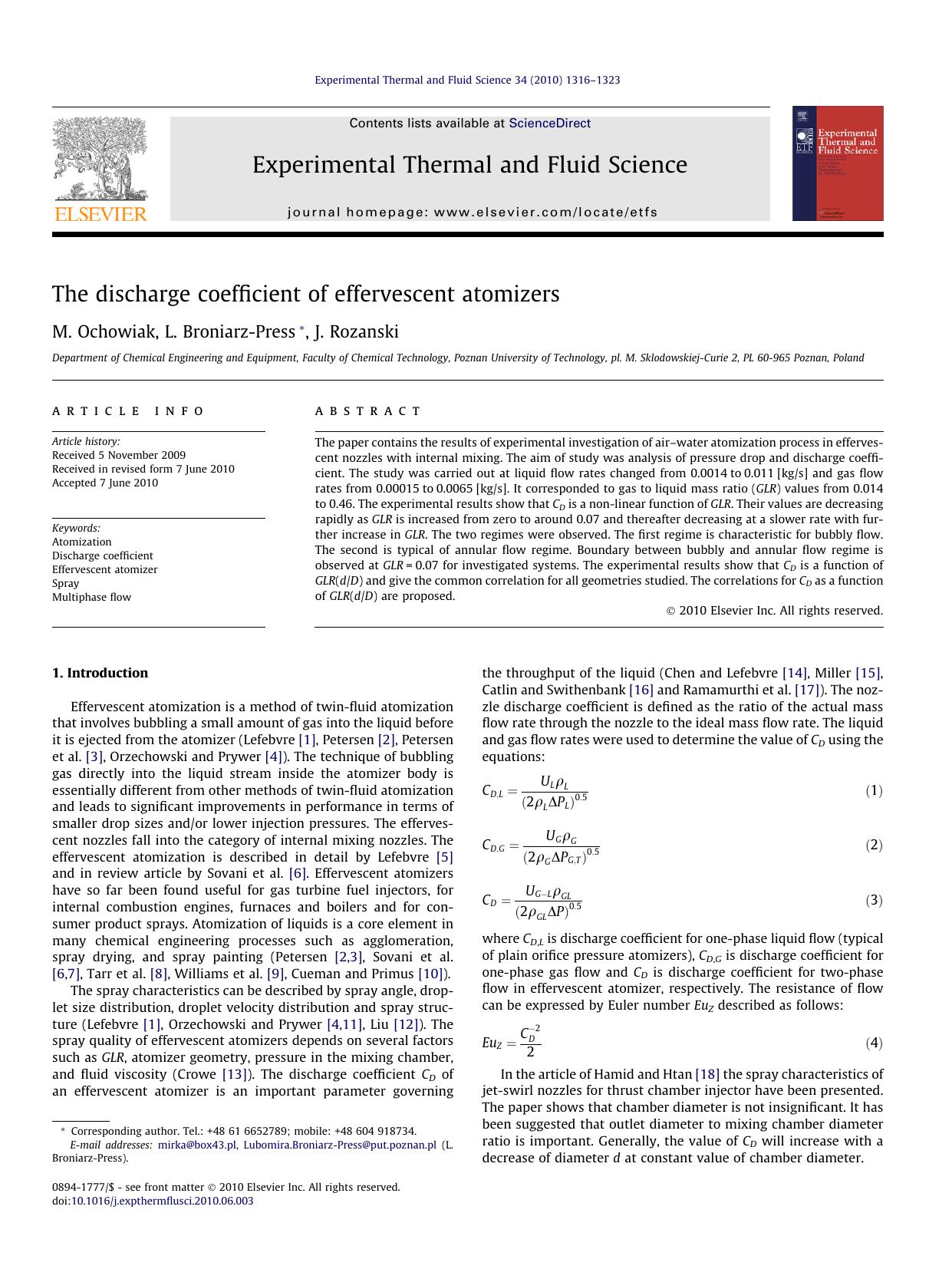 The discharge coefficient of effervescent atomizers by M. Ochowiak & L. Broniarz-Press & J. Rozanski