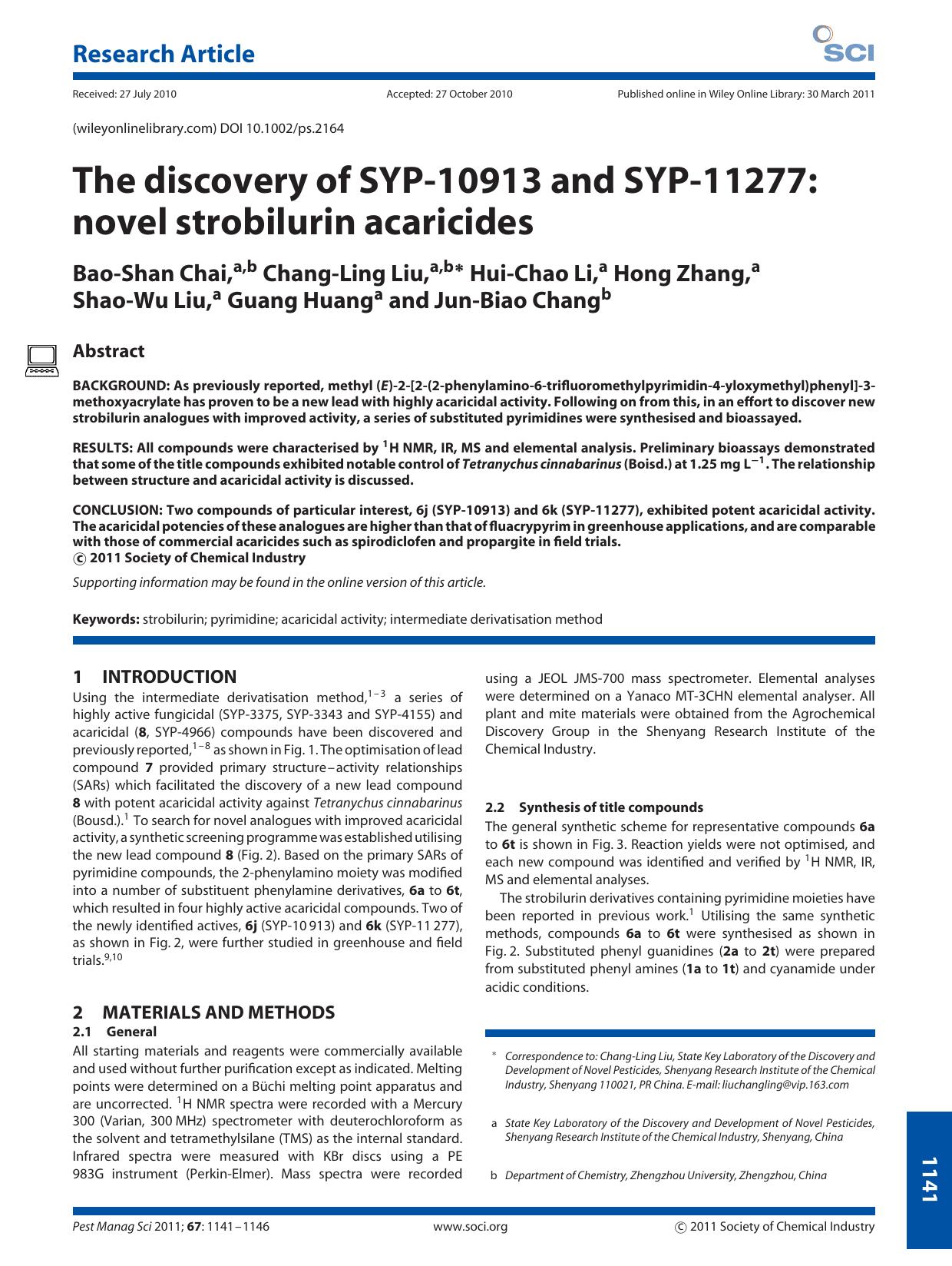 The discovery of SYP10913 and SYP11277: novel strobilurin acaricides by Unknown