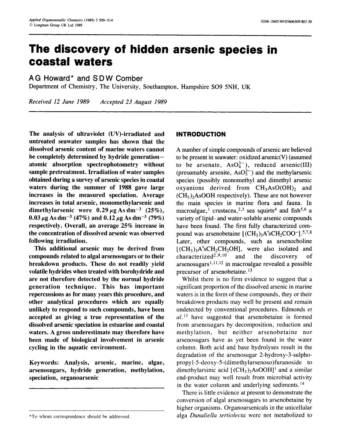 The discovery of hidden arsenic species in coastal waters by Unknown