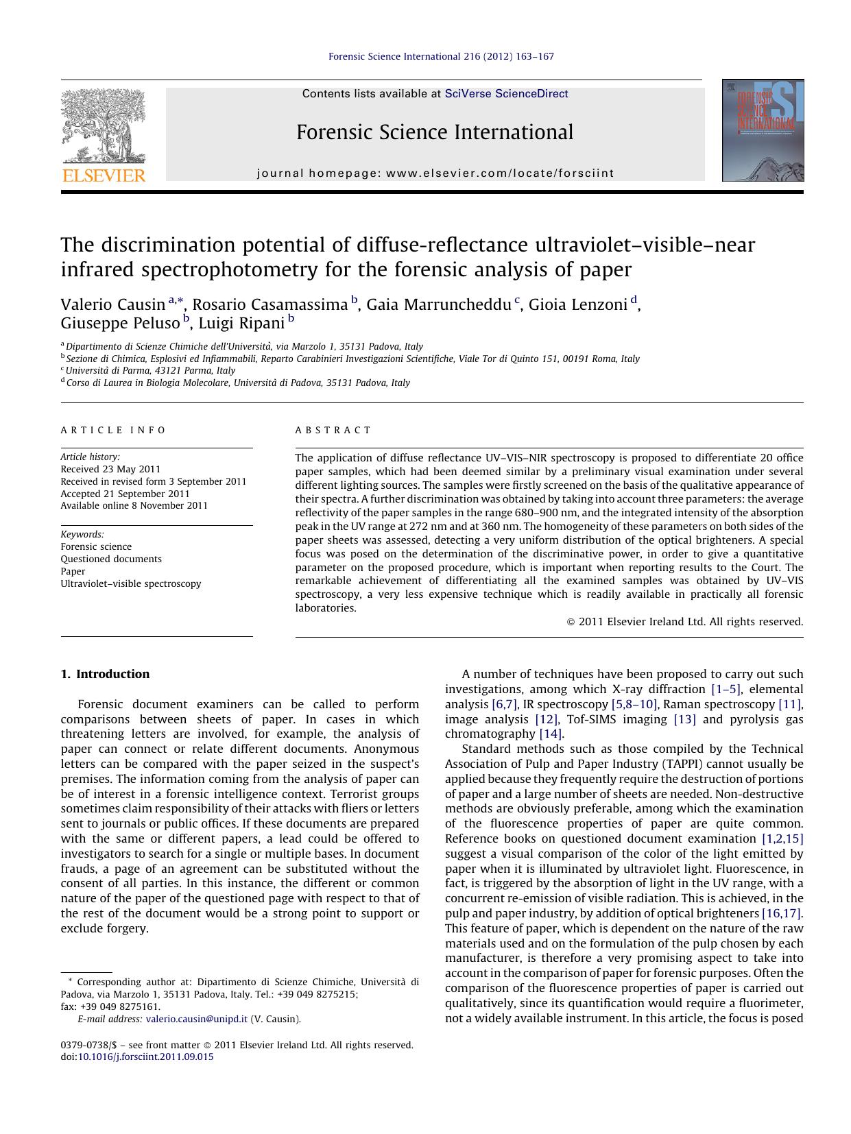 The discrimination potential of diffuse-reflectance ultravioletÃ¢â¬âvisibleÃ¢â¬ânear infrared spectrophotometry for the forensic analysis of paper by Valerio Causin