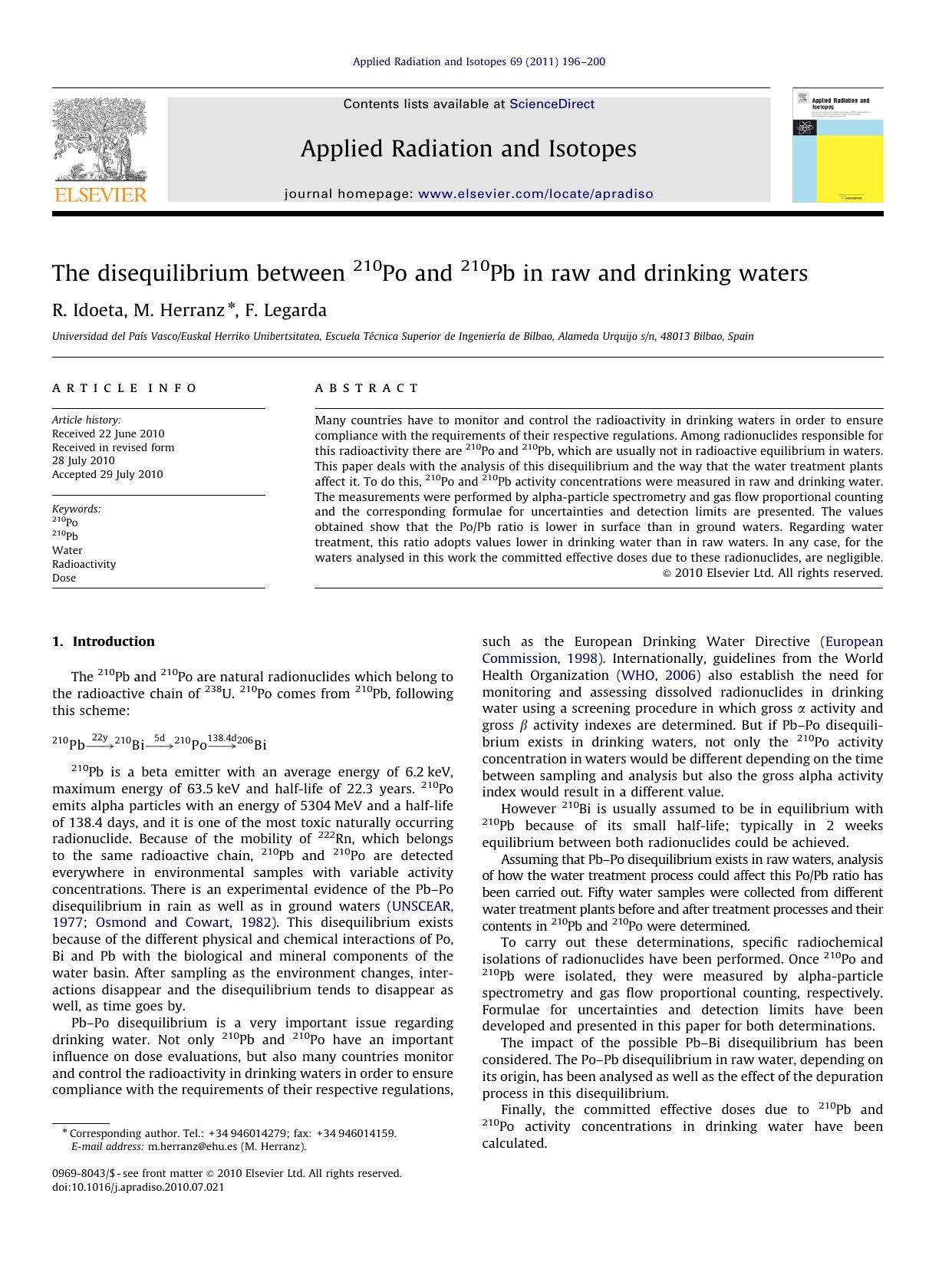 The disequilibrium between 210Po and 210Pb in raw and drinking waters by R. Idoeta & M. Herranz & F. Legarda