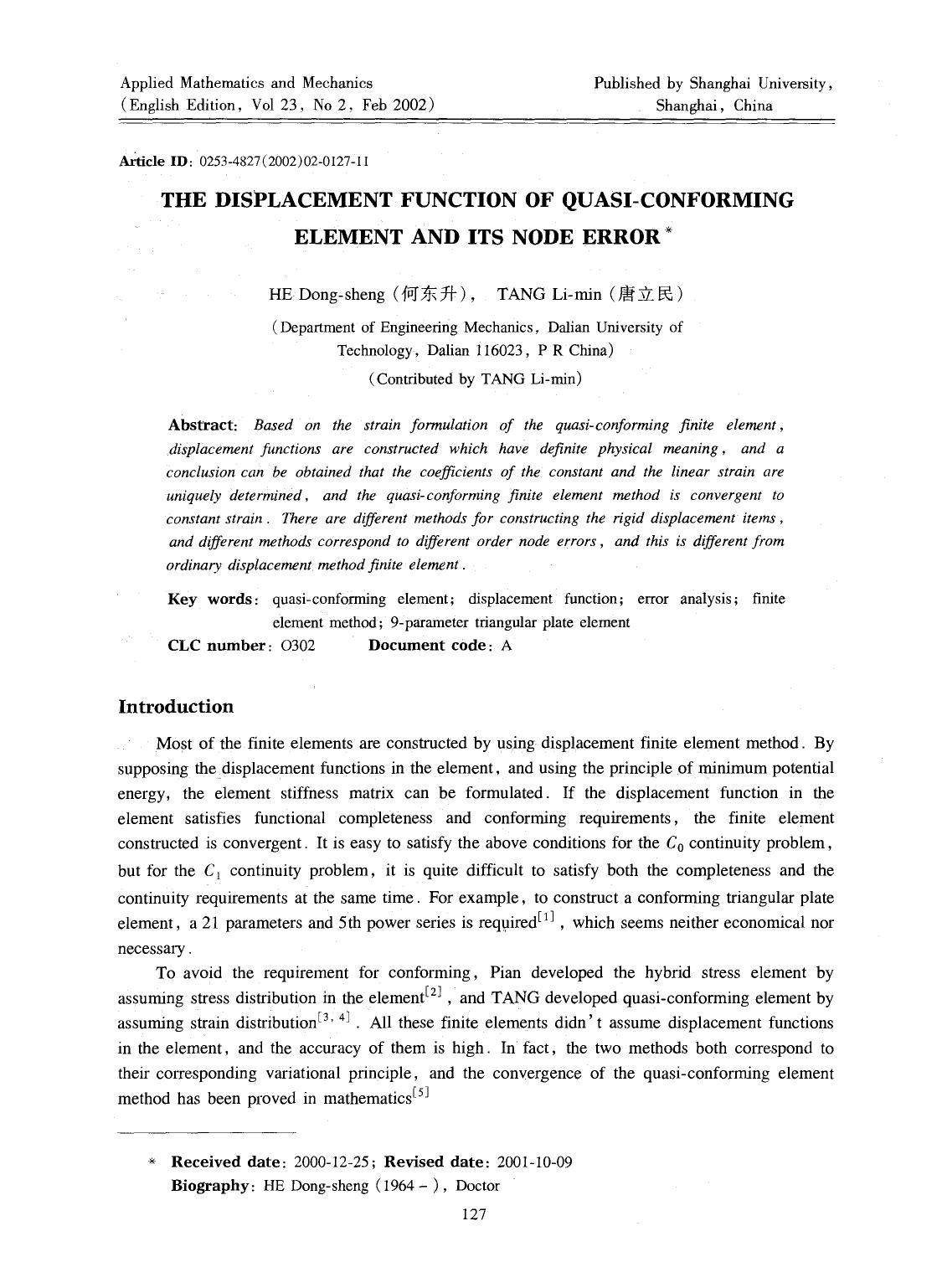 The displacement function of quasi-conforming element and its node error by Unknown