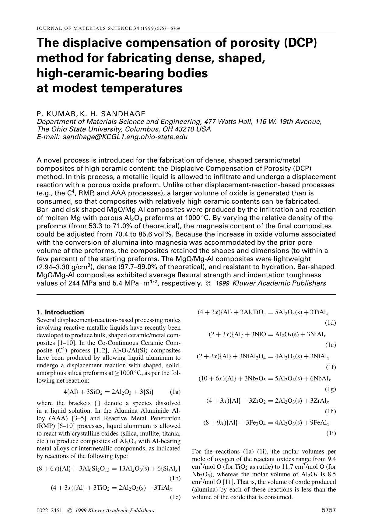 The displacive compensation of porosity (DCP) method for fabricating dense, shaped, high-ceramic-bearing bodies at modest temperatures by Unknown