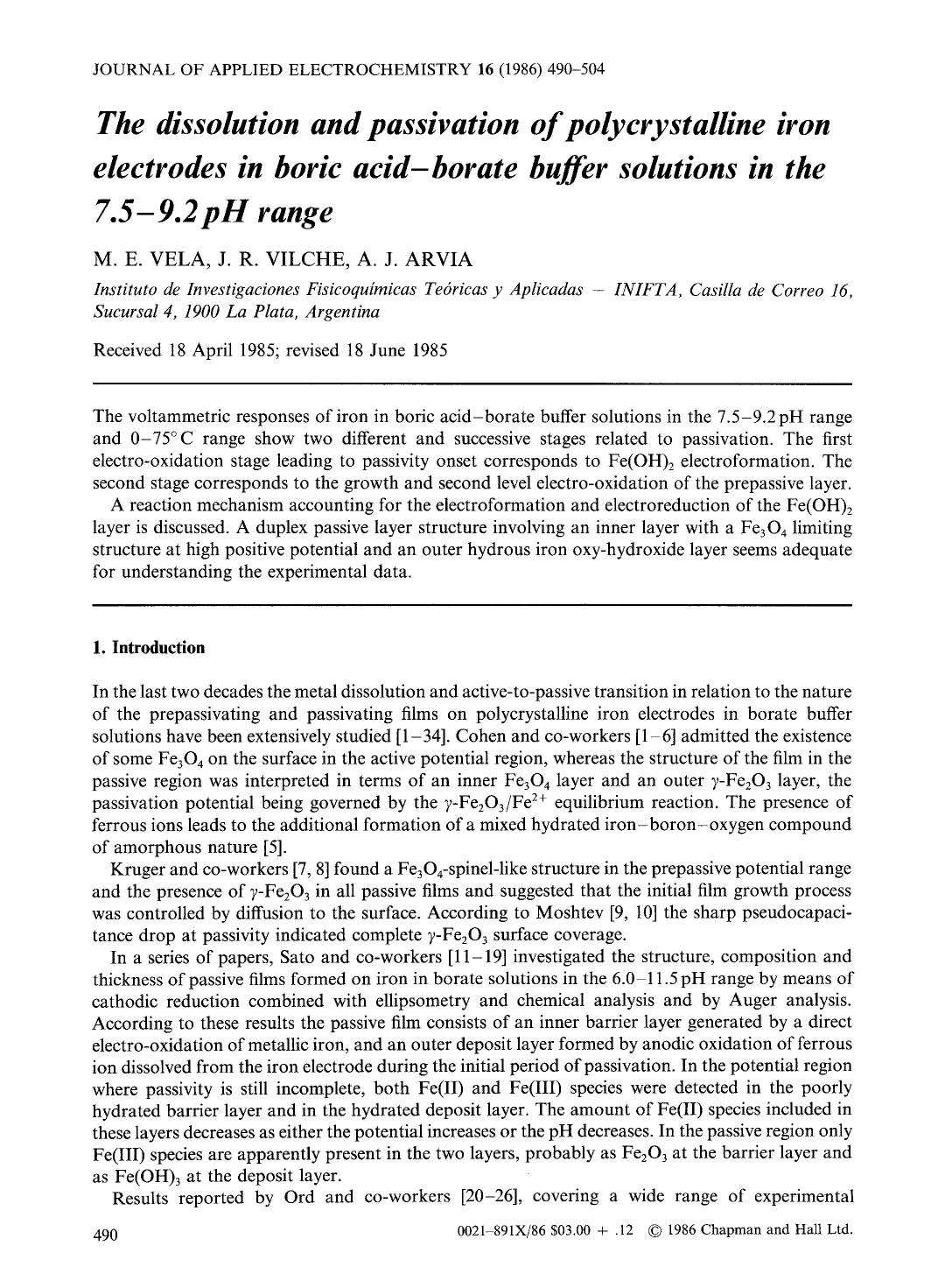 The dissolution and passivation of polycrystalline iron electrodes in boric acid-borate buffer solutions in the 7.5–9.2 pH range by Unknown