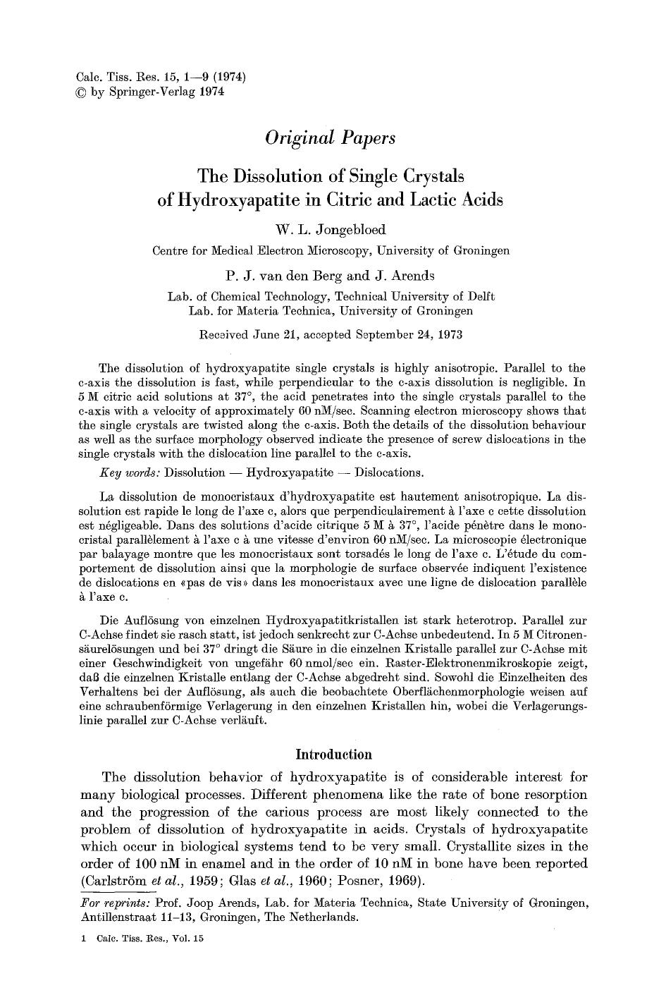 The dissolution of single crystals of hydroxyapatite in citric and lactic acids by Unknown