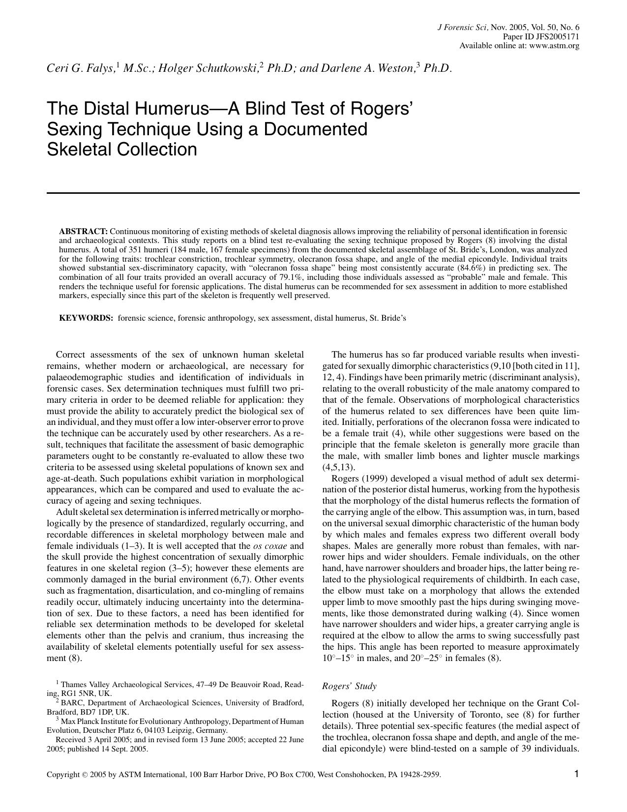 The distal humerus - a blind test of Rogers' sexing technique using a documented skeletal collection by Falys CG Schutkowski H Weston DA