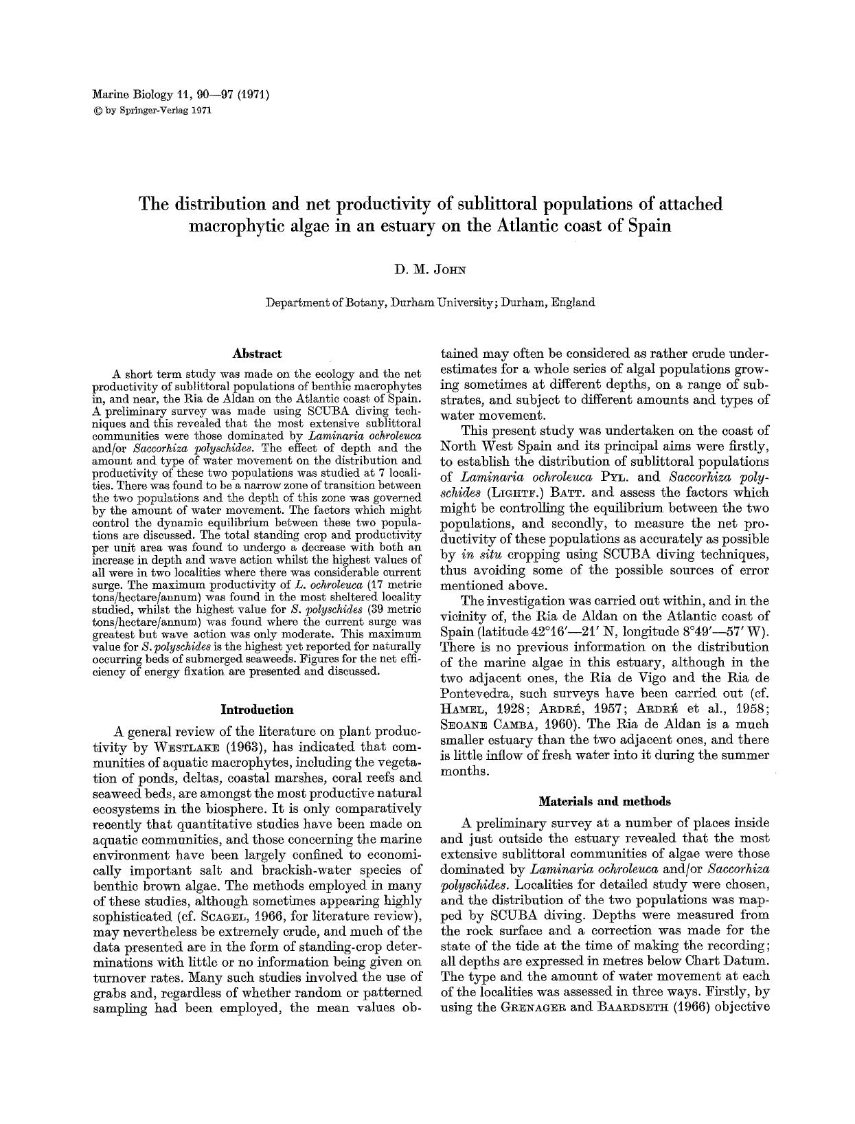 The distribution and net productivity of sublittoral populations of attached macrophytic algae in an estuary on the Atlantic coast of Spain by Unknown