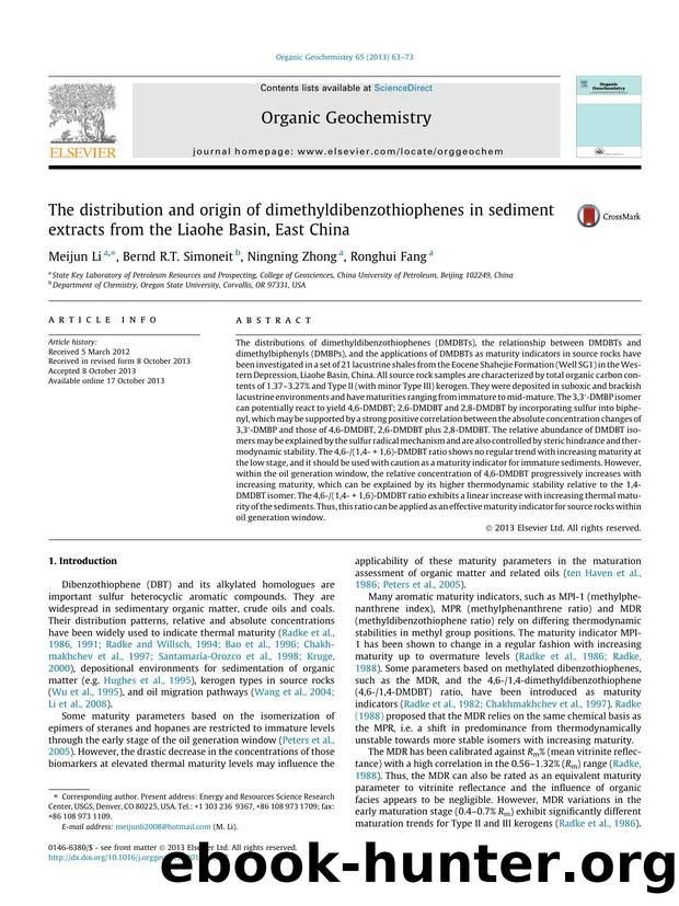The distribution and origin of dimethyldibenzothiophenes in sediment extracts from the Liaohe Basin, East China by Meijun Li & Bernd R.T. Simoneit & Ningning Zhong & Ronghui Fang