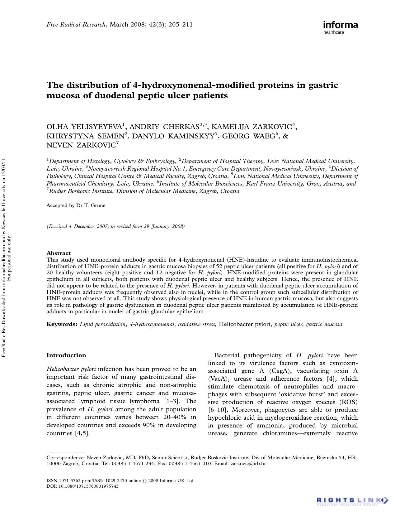 The distribution of 4-hydroxynonenal-modified proteins in gastric mucosa of duodenal peptic ulcer patients by unknow