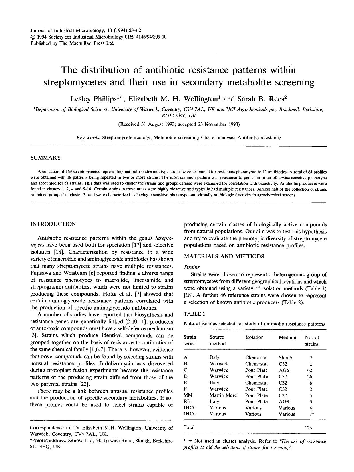 The distribution of antibiotic resistance patterns within streptomycetes and their use in secondary metabolite screening by Unknown