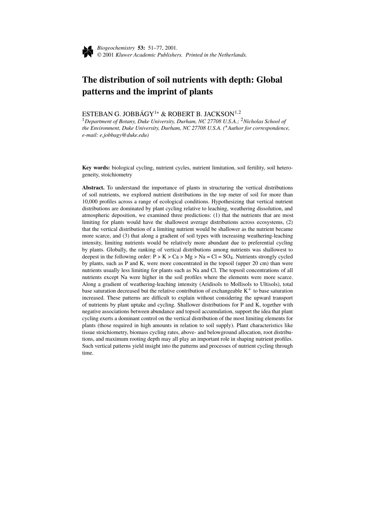 The distribution of soil nutrients with depth: Global patterns and the imprint of plants by Unknown