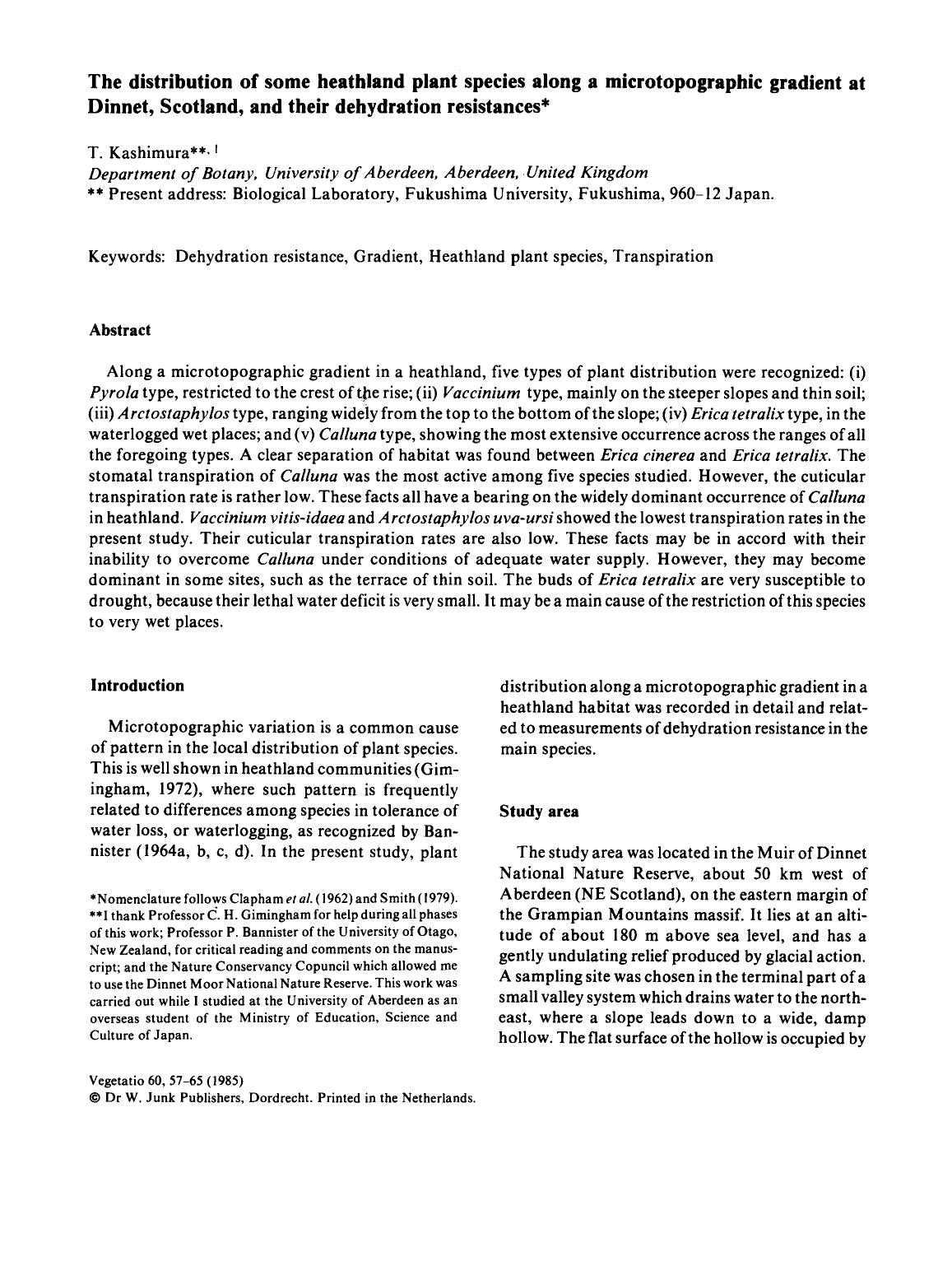 The distribution of some heathland plant species along a microtopographic gradient at Dinnet, Scotland, and their dehydration resistances by Unknown