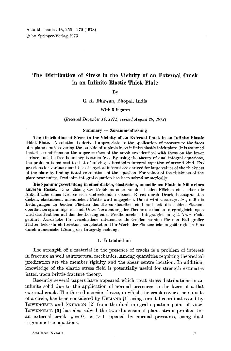 The distribution of stress in the vicinity of an external crack in an infinite elastic thick plate by Unknown