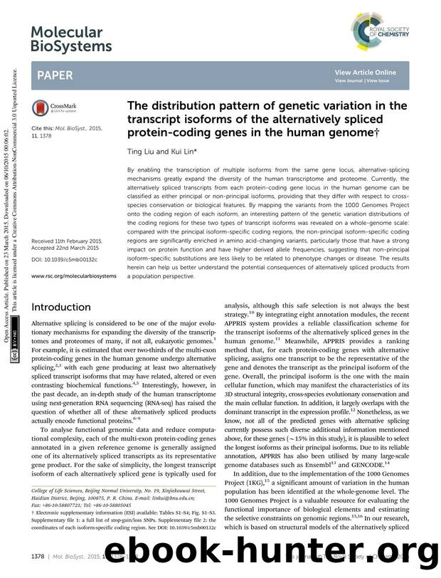 The distribution pattern of genetic variation in the transcript isoforms of the alternatively spliced protein-coding genes in the human genome by Ting Liu & Kui Lin
