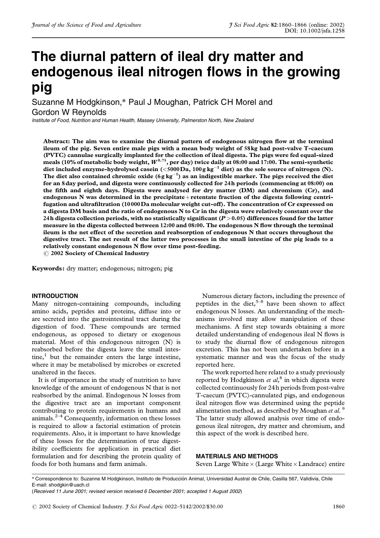 The diurnal pattern of ileal dry matter and endogenous ileal nitrogen flows in the growing pig by Unknown