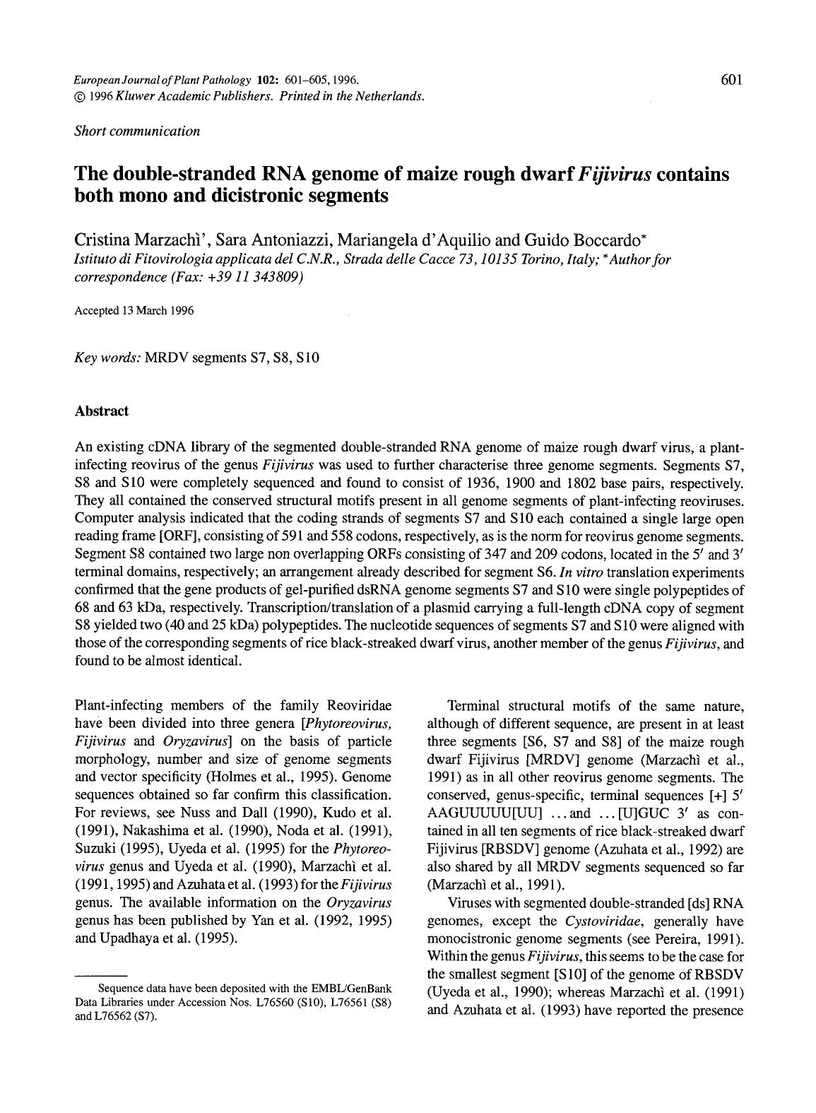 The double-stranded RNA genome of maize rough dwarf <Emphasis Type="Italic">Fijivirus <Emphasis> contains both mono and dicistronic segments by Unknown