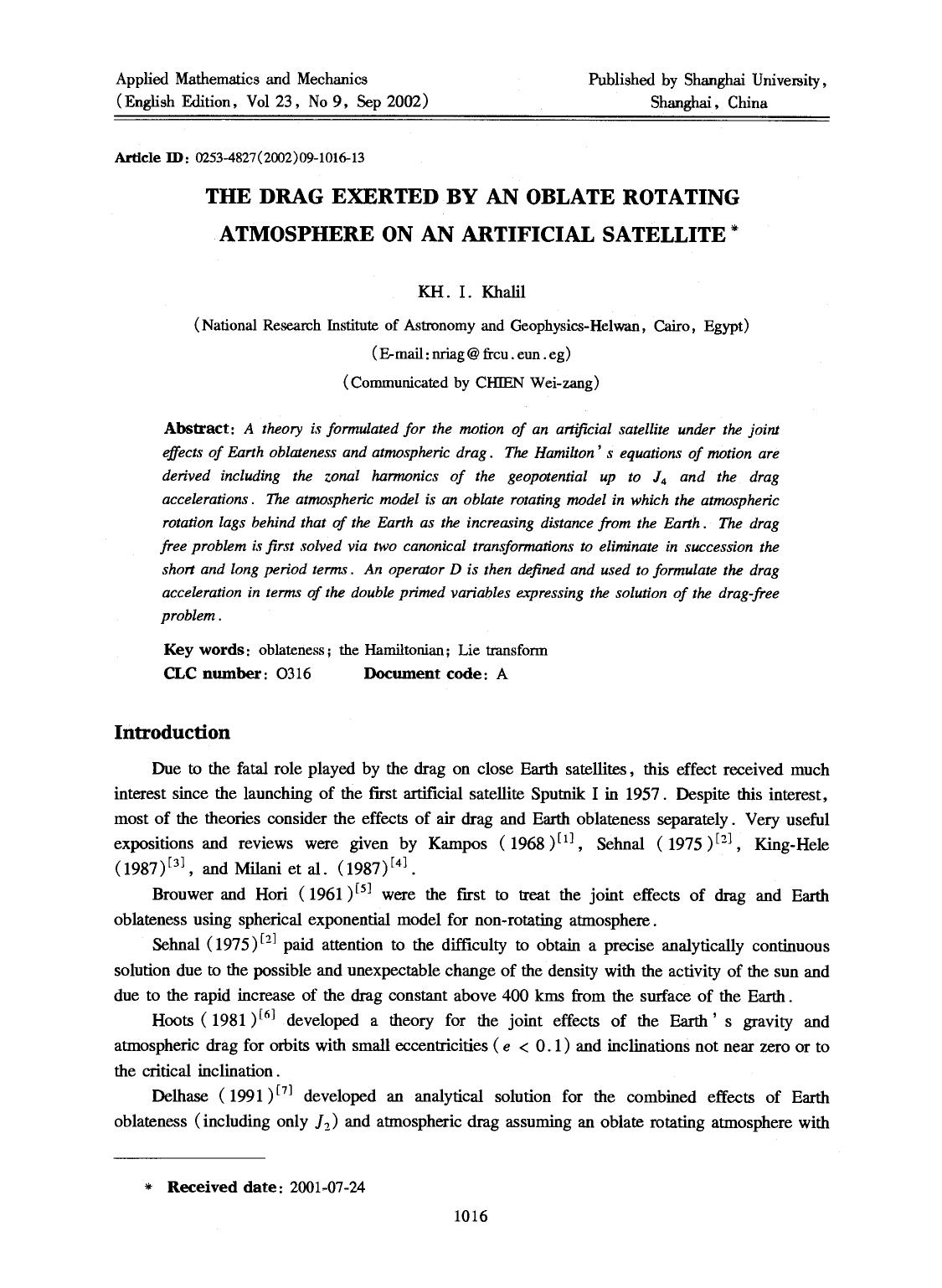 The drag exerted by an oblate rotating atmosphere on an artificial satellite by Unknown