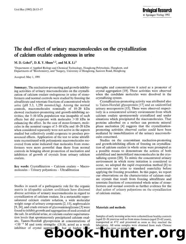 The dual effect of urinary macromolecules on the crystallization of calcium oxalate endogenous in urine by Unknown