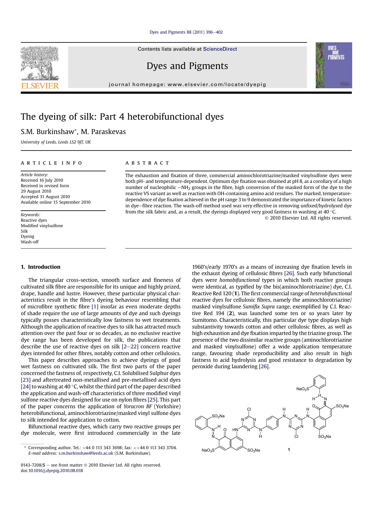 The dyeing of silk: Part 4 heterobifunctional dyes by S.M. Burkinshaw & M. Paraskevas