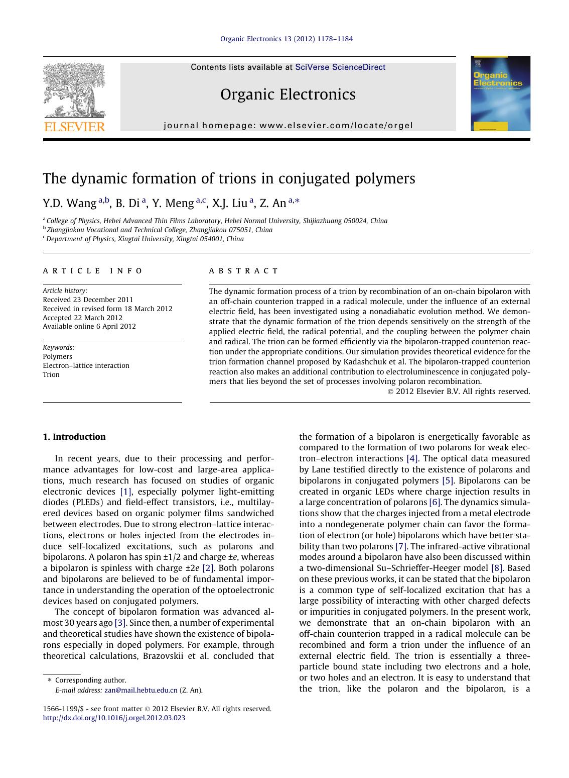 The dynamic formation of trions in conjugated polymers by Y.D. Wang & B. Di & Y. Meng & X.J. Liu & Z. An