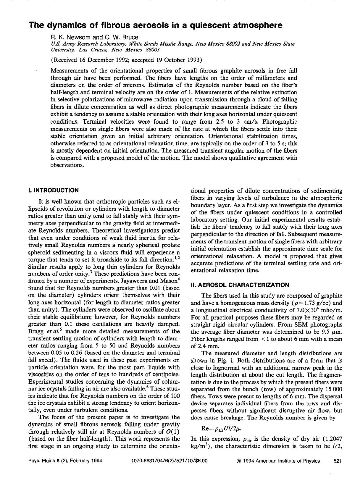 The dynamics of fibrous aerosols in a quiescent atmosphere by R. K. Newsom; C. W. Bruce