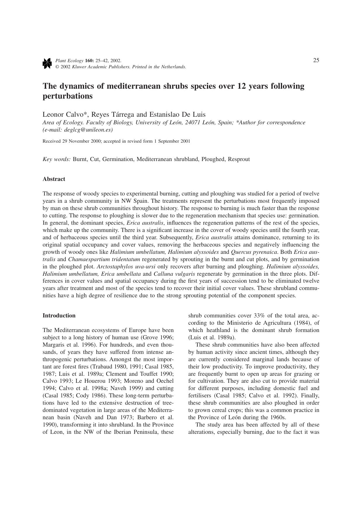 The dynamics of mediterranean shrubs species over 12 years following perturbations by Unknown