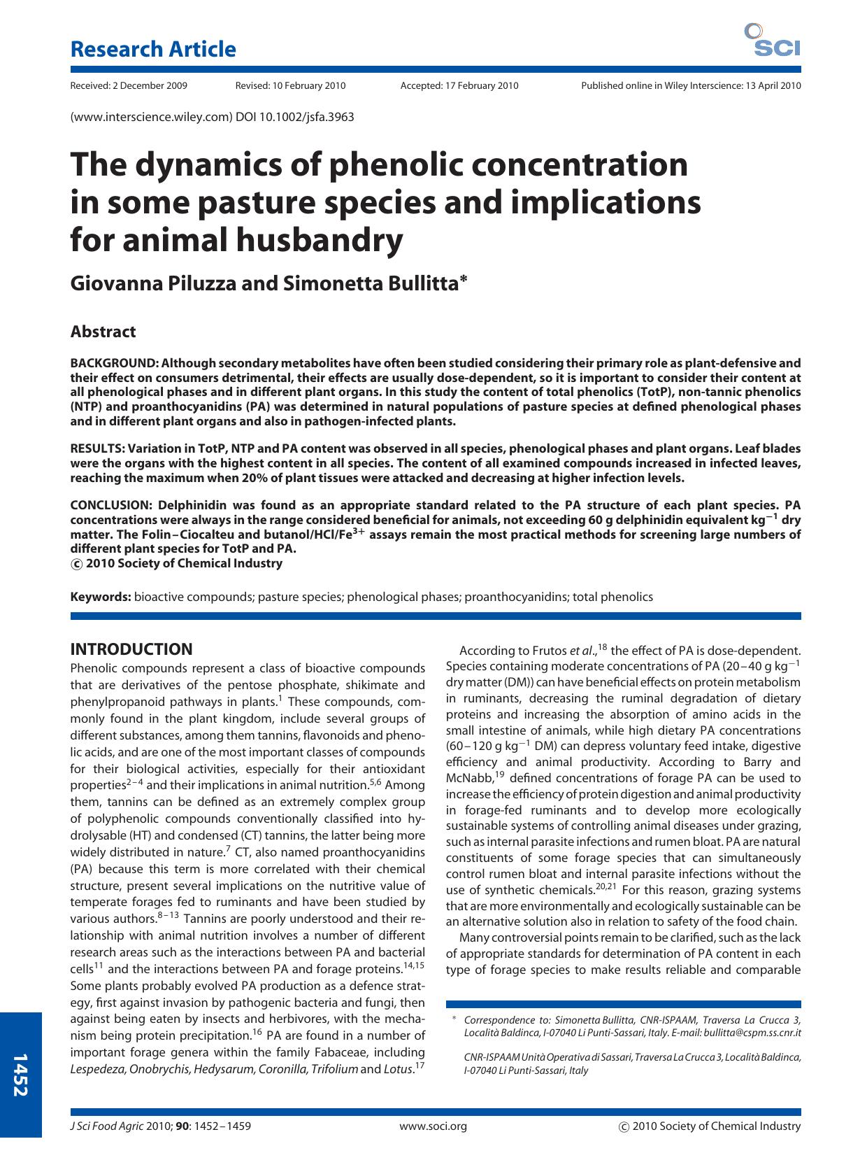 The dynamics of phenolic concentration in some pasture species and implications for animal husbandry by Unknown