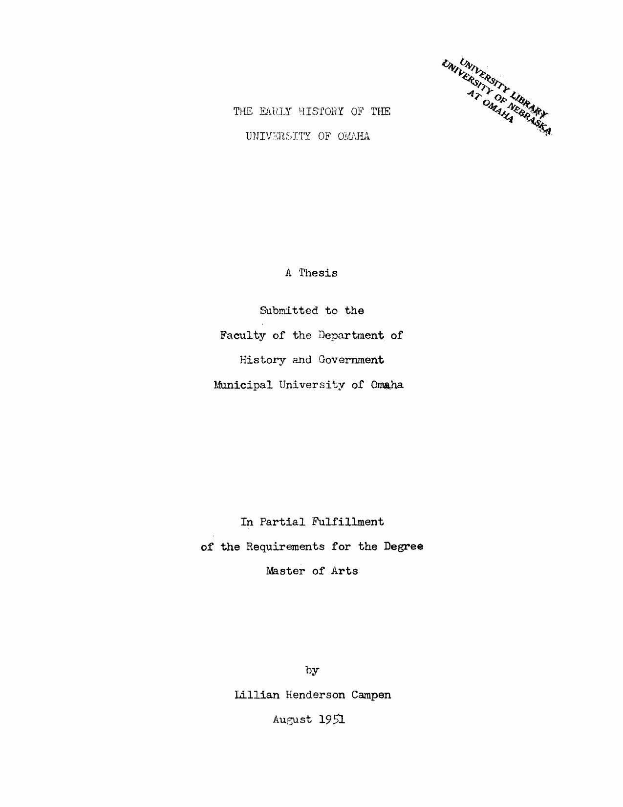 The early history of the University of Omaha by Campen Lillian Henderson