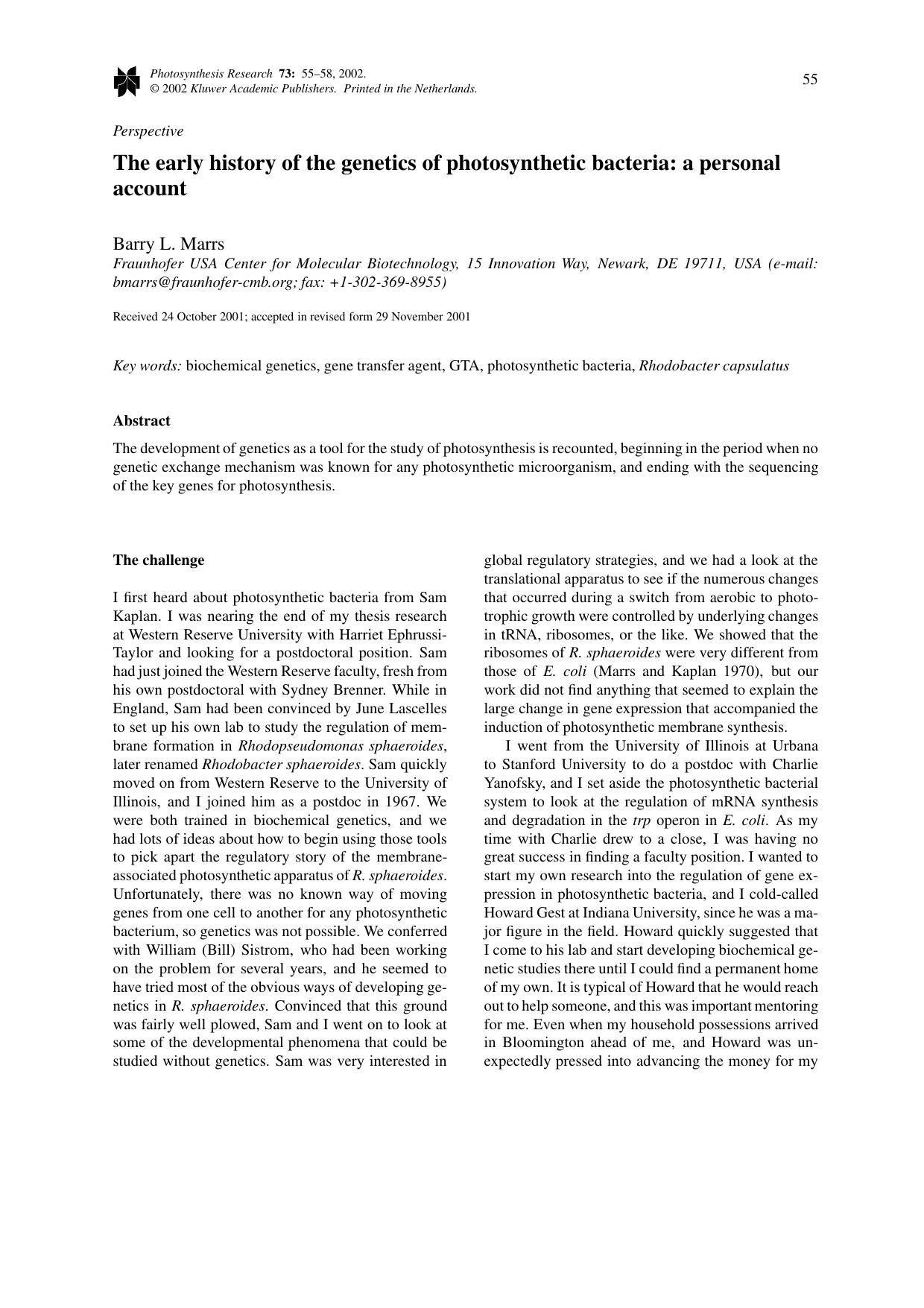 The early history of the genetics of photosynthetic bacteria: a personal account by Unknown