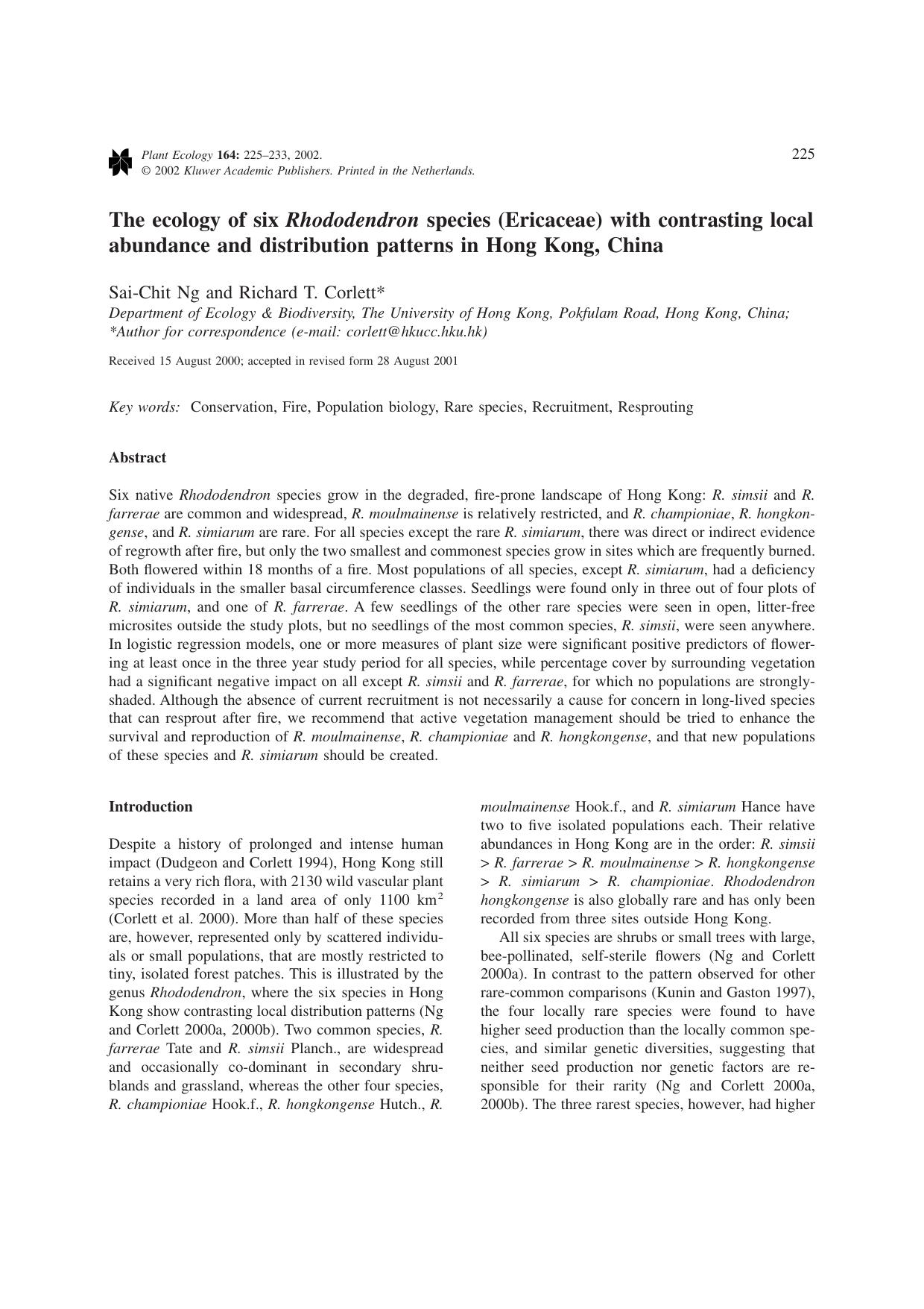 The ecology of six <Emphasis Type="Italic">Rhododendron<Emphasis> species (Ericaceae) with contrasting local abundance and distribution patterns in Hong Kong, China by Unknown