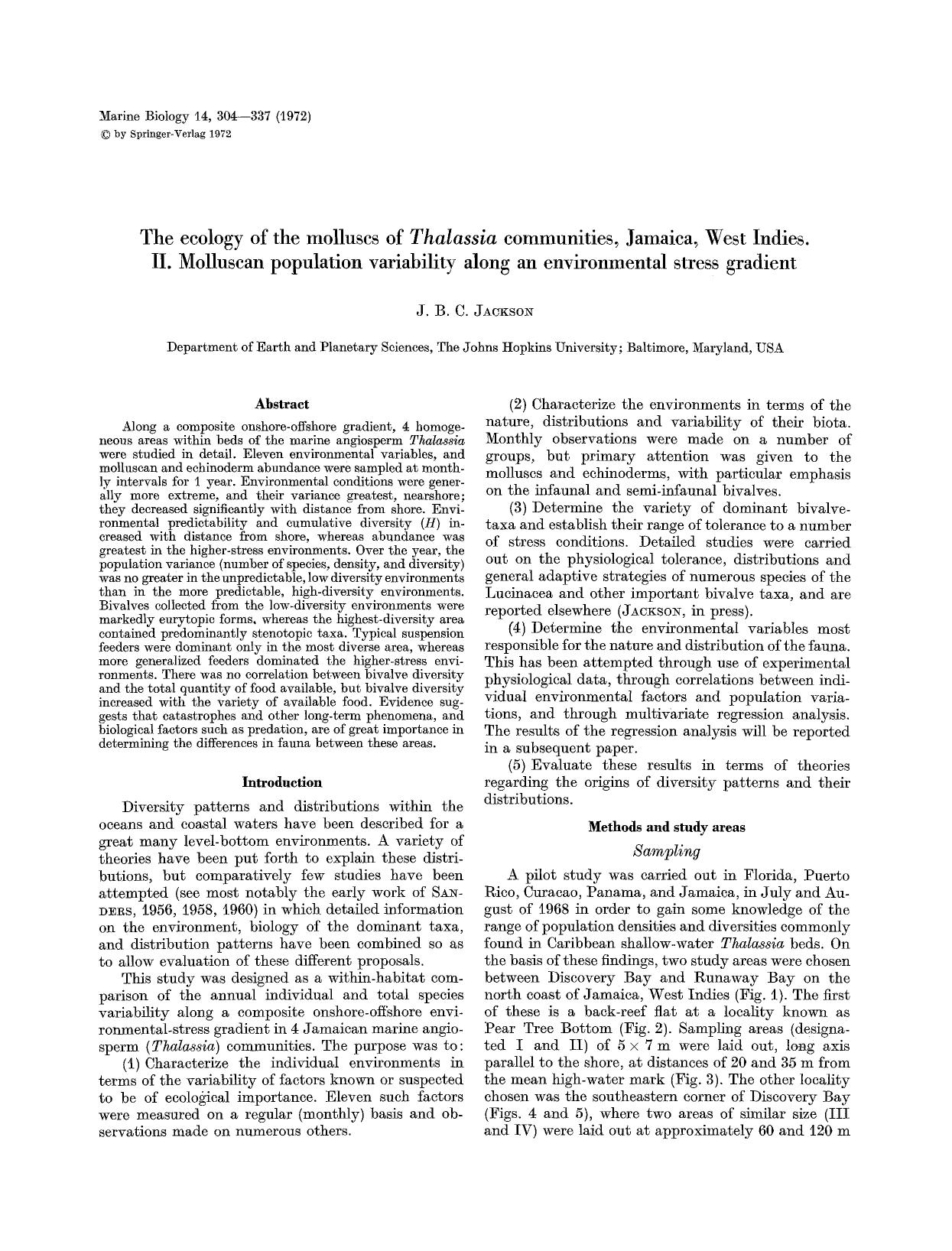 The ecology of the molluscs of <Emphasis Type="Italic">Thalassia<Emphasis> communities, Jamaica, West Indies. II. Molluscan population variability along an environmental stress gradient by Unknown