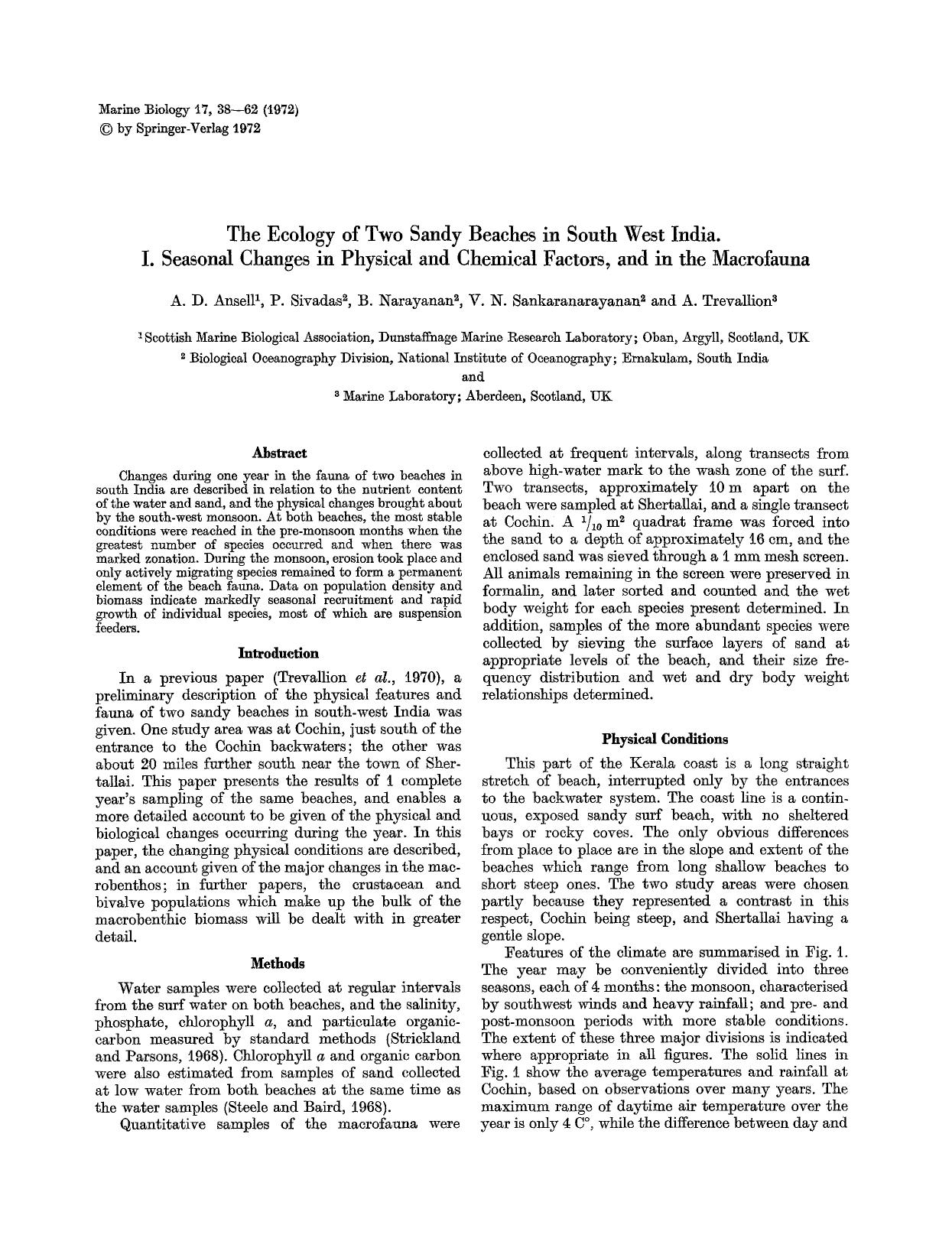The ecology of two sandy beaches in south west India. I. Seasonal changes in physical and chemical factors, and in the macrofauna by Unknown